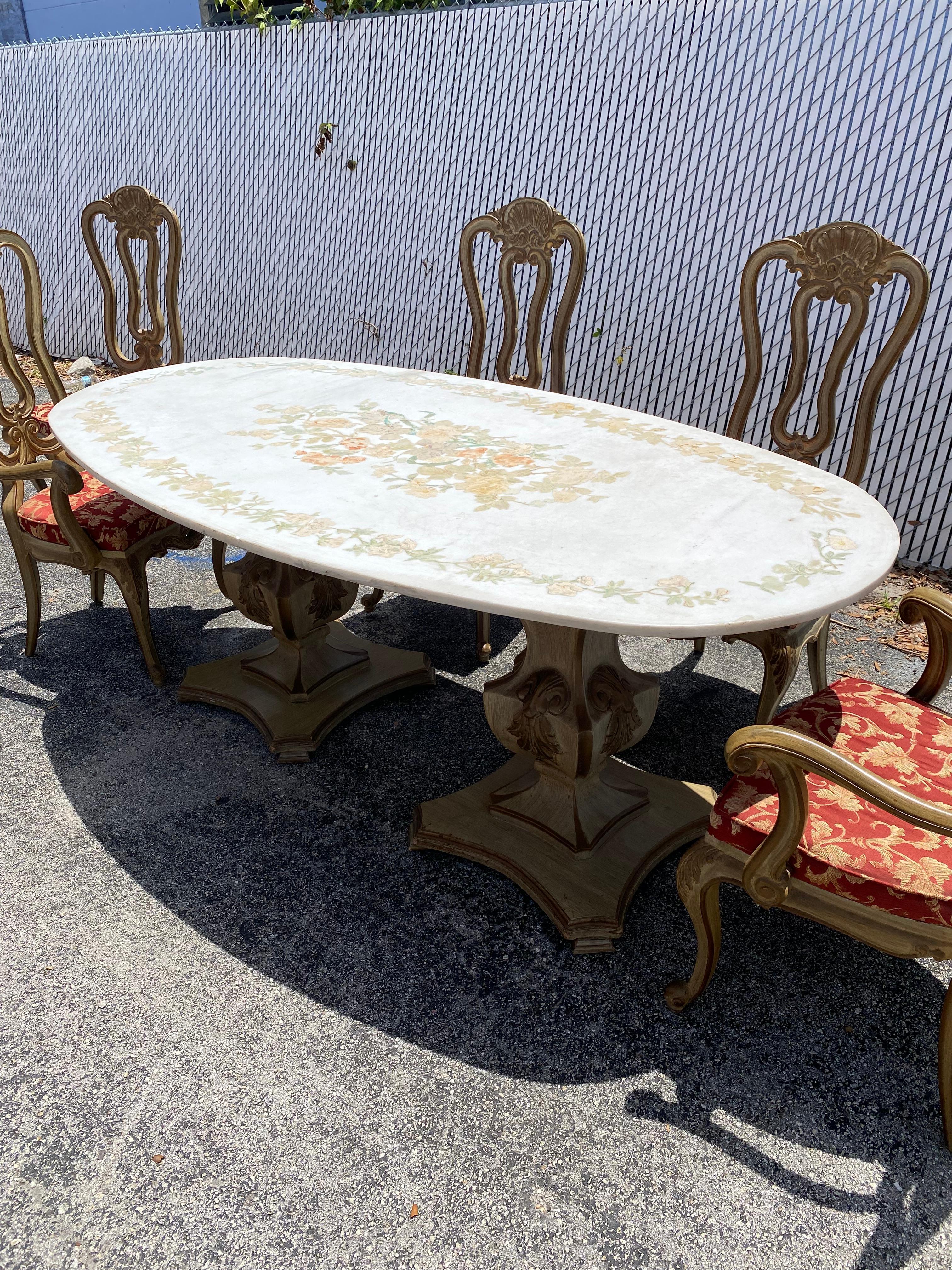 Marble Floral Inlaid Painted Oval Wood French Dining Table and Chairs, Set of 7 For Sale 1
