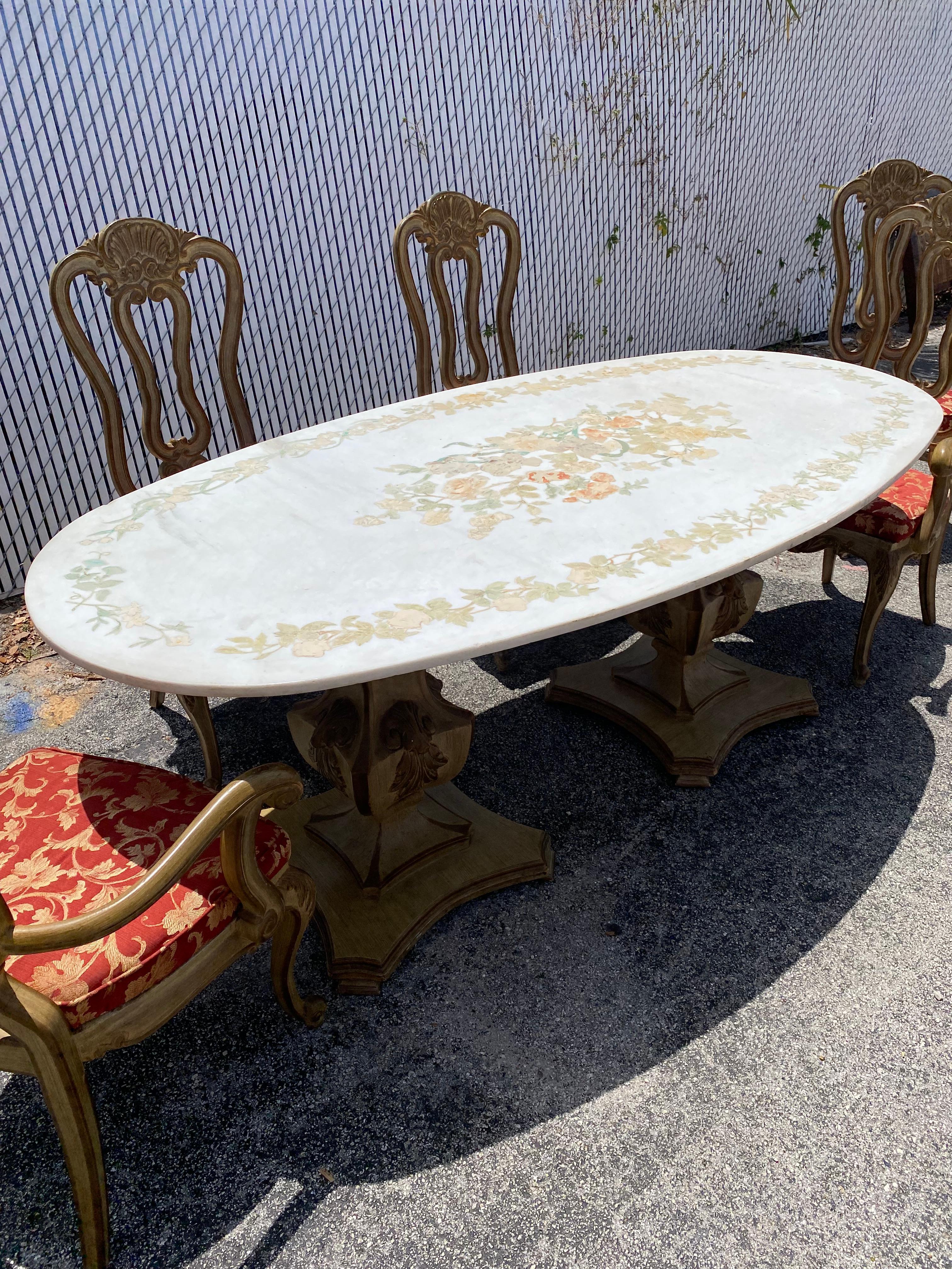 Marble Floral Inlaid Painted Oval Wood French Dining Table and Chairs, Set of 7 For Sale 2