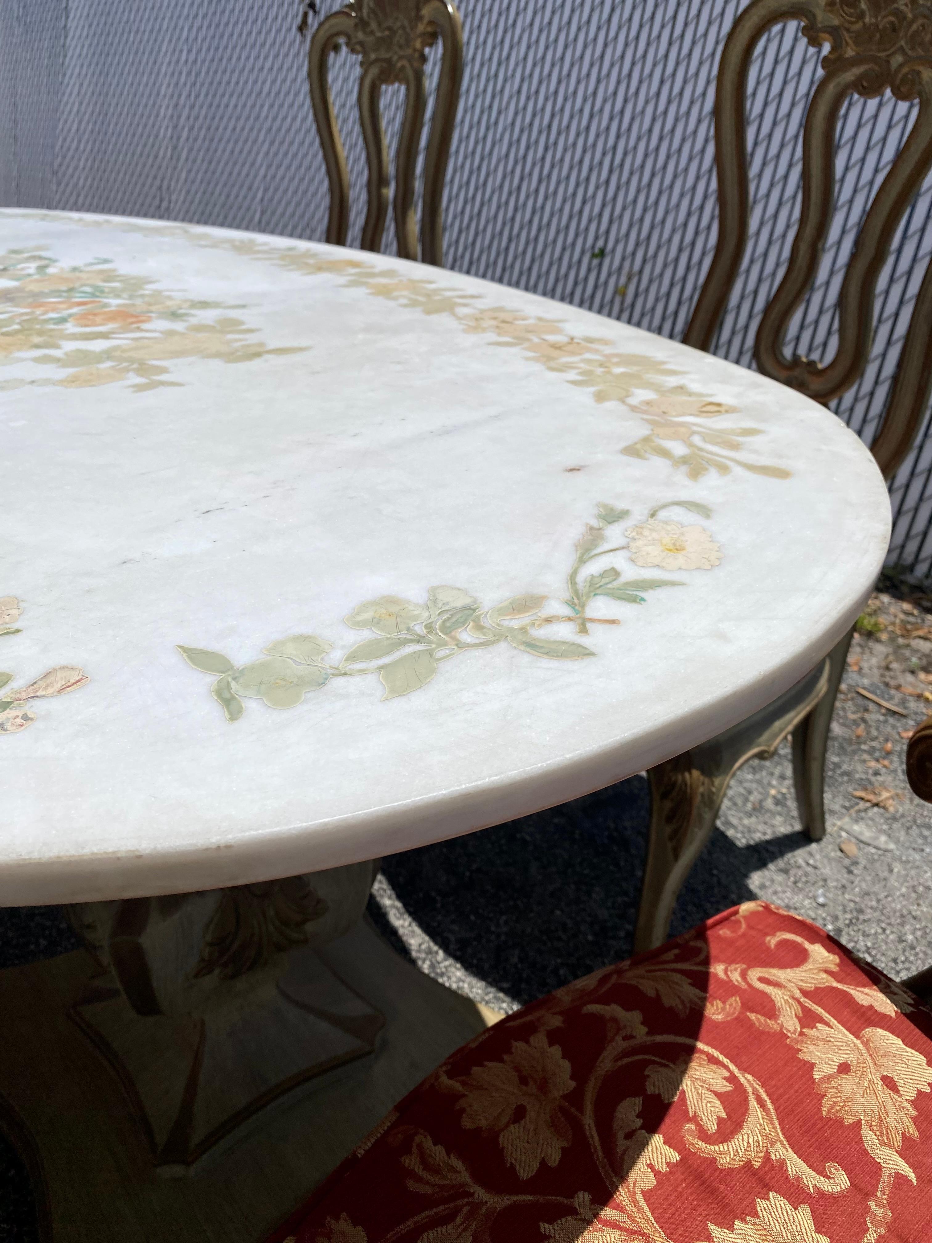 Marble Floral Inlaid Painted Oval Wood French Dining Table and Chairs, Set of 7 For Sale 4