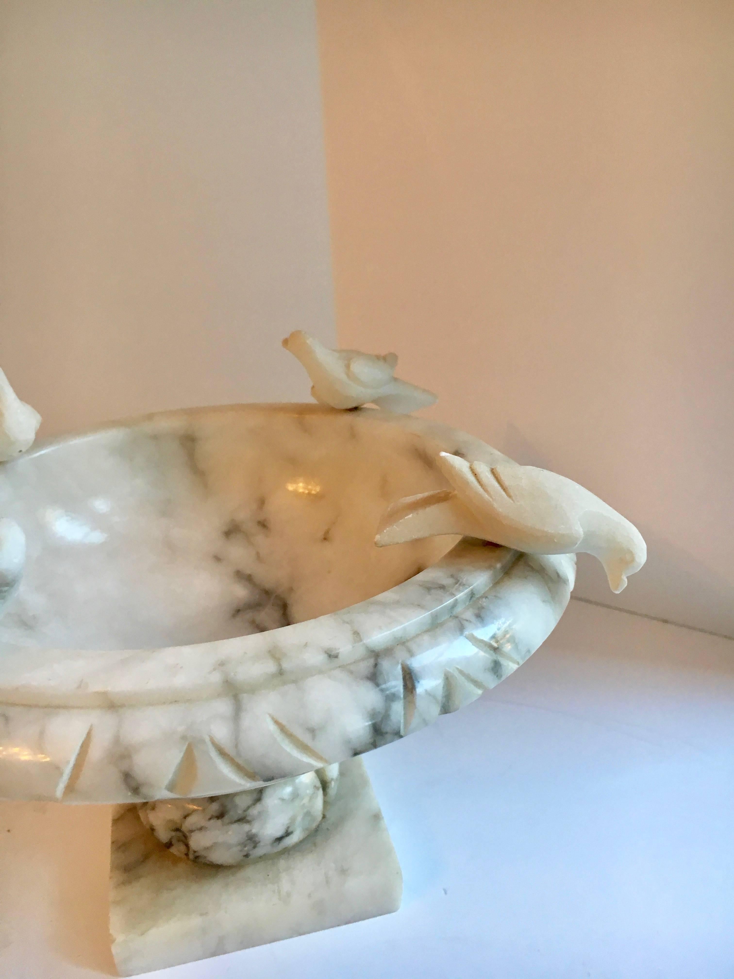 Mid-Century Modern Marble Footed Bowl with Carved Birds