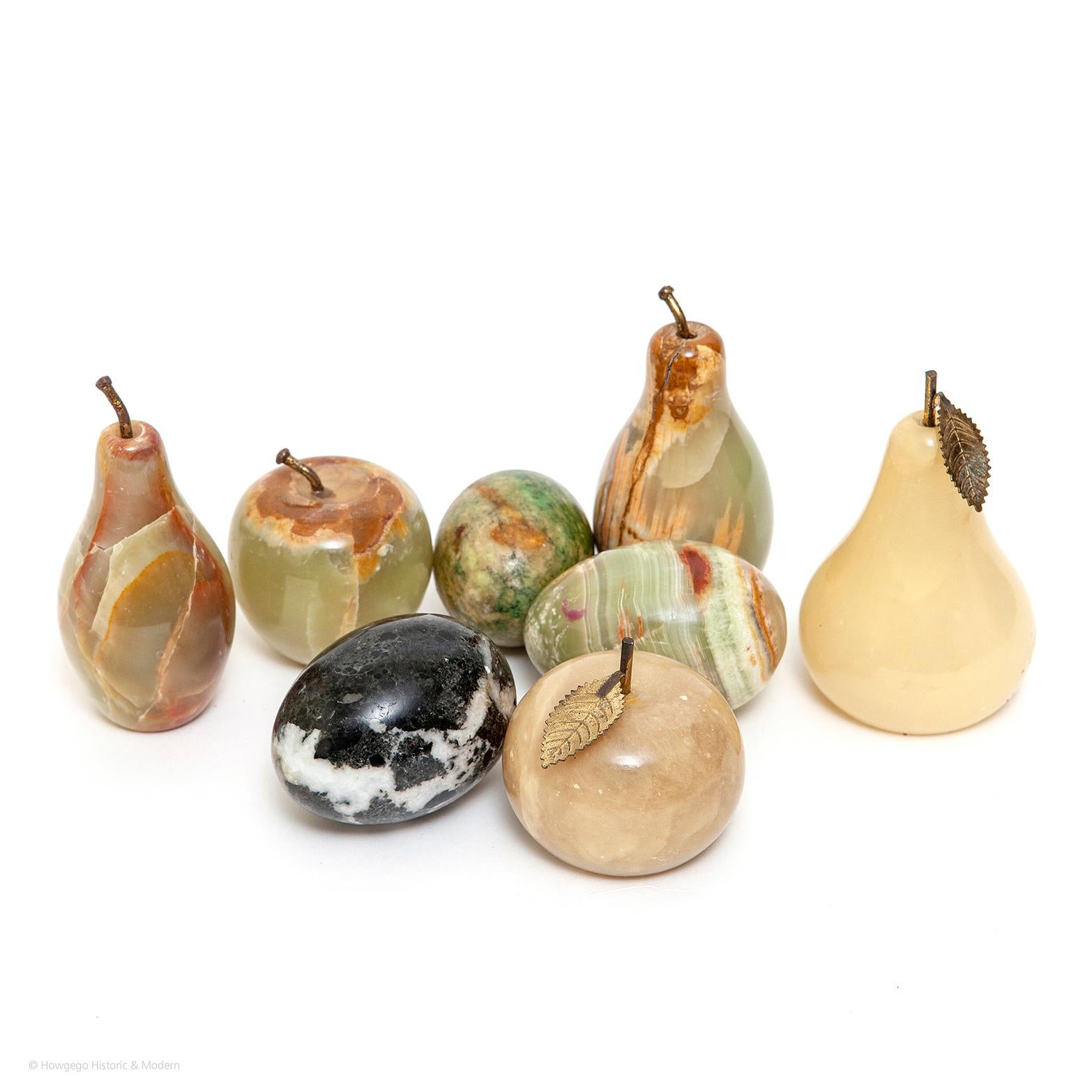 A set of seven, vintage, alabaster fruit and eggs by Alabasgros Alfredo, life-size. Some still retaining Alabasgros Alfredo, Sarreal label underneath


3 pears and 2 apples all with brass leaves and stalks
4 eggs.
     