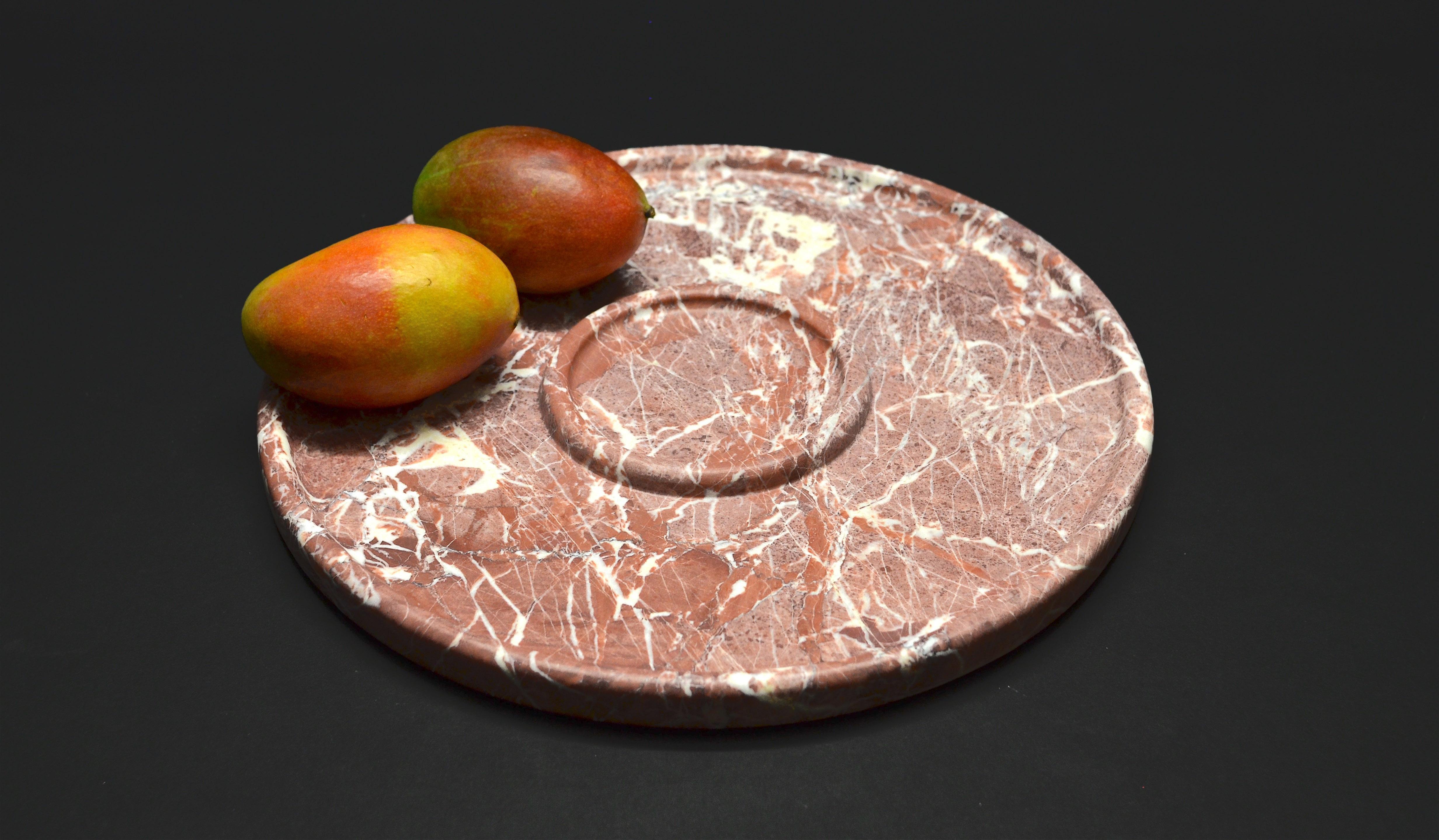 Greek Marble Fruit Plate, Sculptural, Circular, Royal Red Color, Hand Carved For Sale