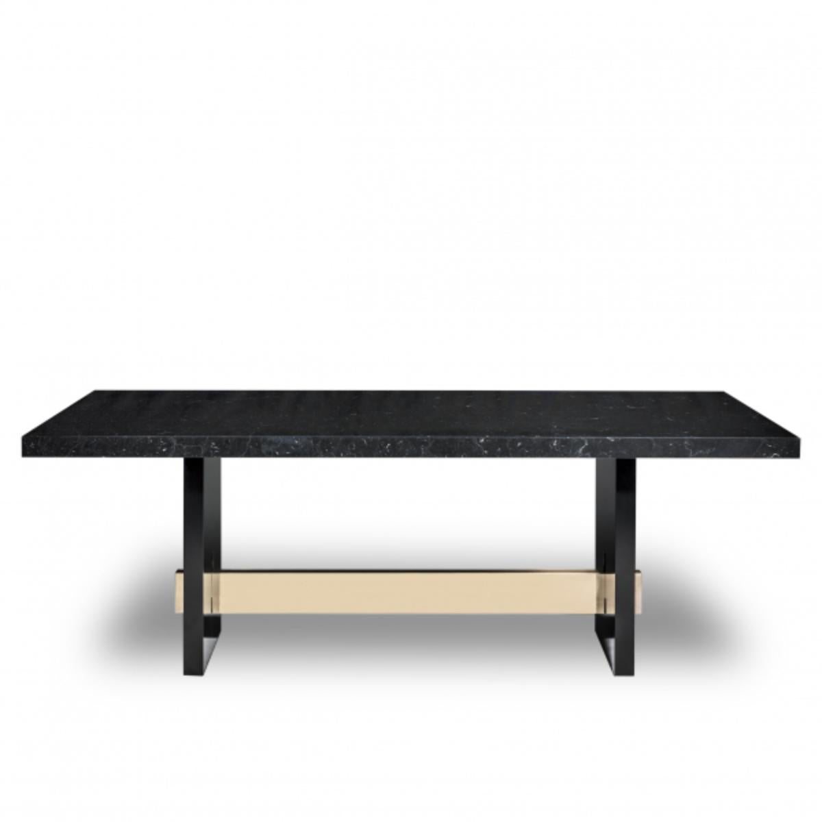 Marble Geometry Table by DUISTT 
Dimensions: W 210 x D 110 x H 78 cm
Materials: Nero Marquina Marble, Sikomoro Wood, Brass

GEOMETRY marble table combines the luxury of the Nero Marquina marble with the strong geometric lines of the table legs. It