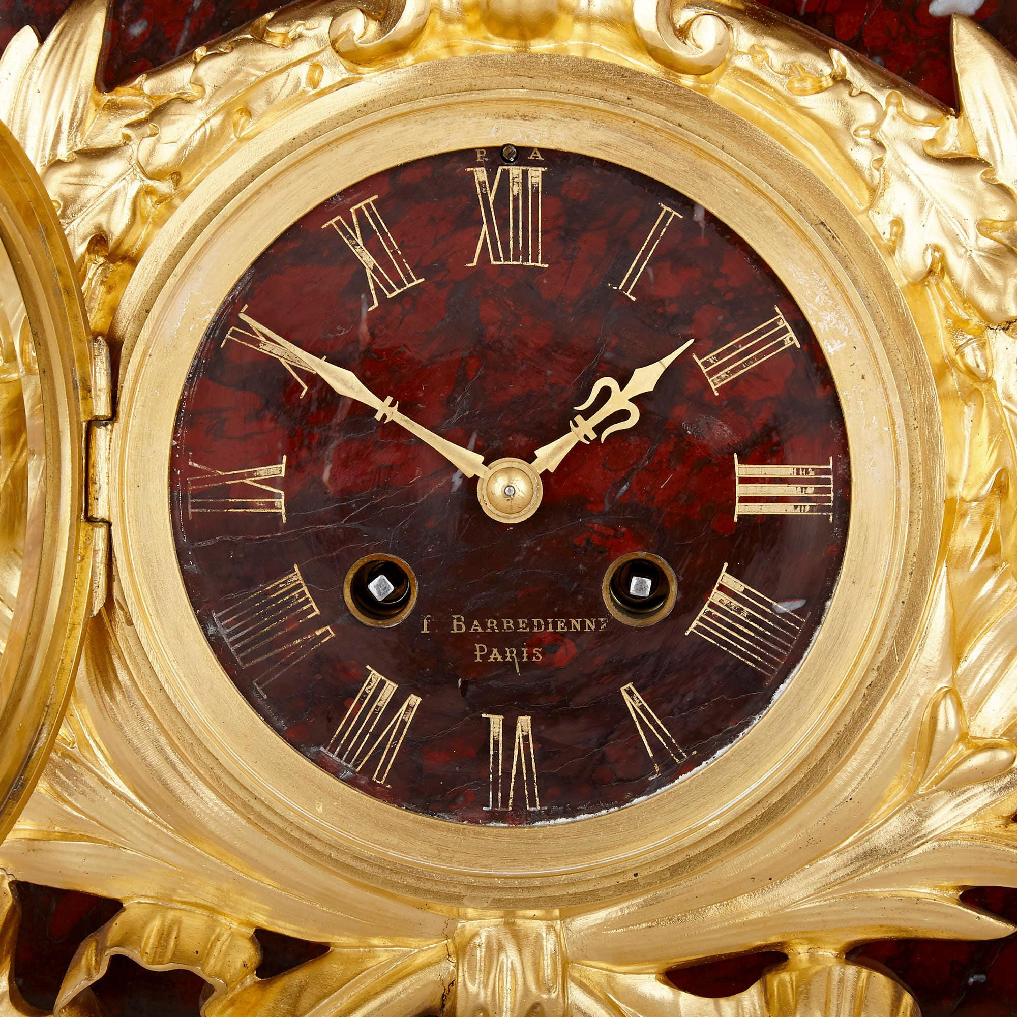 Neoclassical Marble, Gilt, and Patinated Bronze Three-Piece Clock Set by Barbedienne For Sale