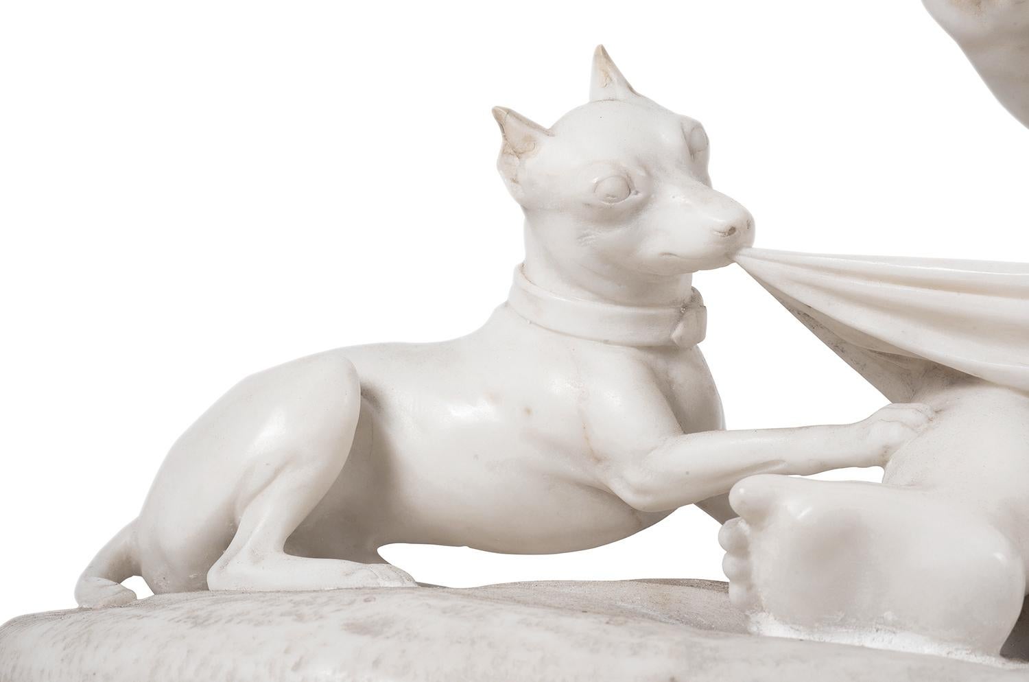 An enchanting early 19th century marble group of a seated child playing with a Greyhound puppy.
After; Joseph Gott (1785–1860) was a 19th century English sculptor. His terracotta groups and animal and children pieces were very popular in the 1830s.