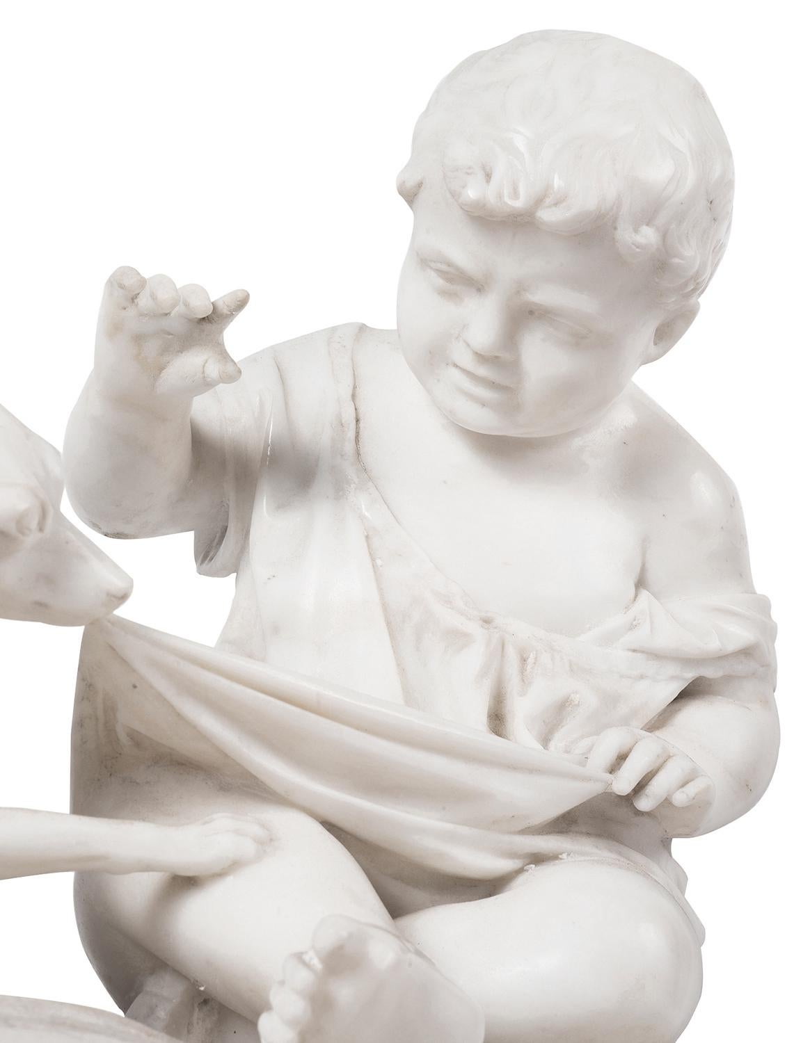 Romantic Marble Group of Child Playing with a Puppy, After Joseph Gott, 1786-1860 For Sale