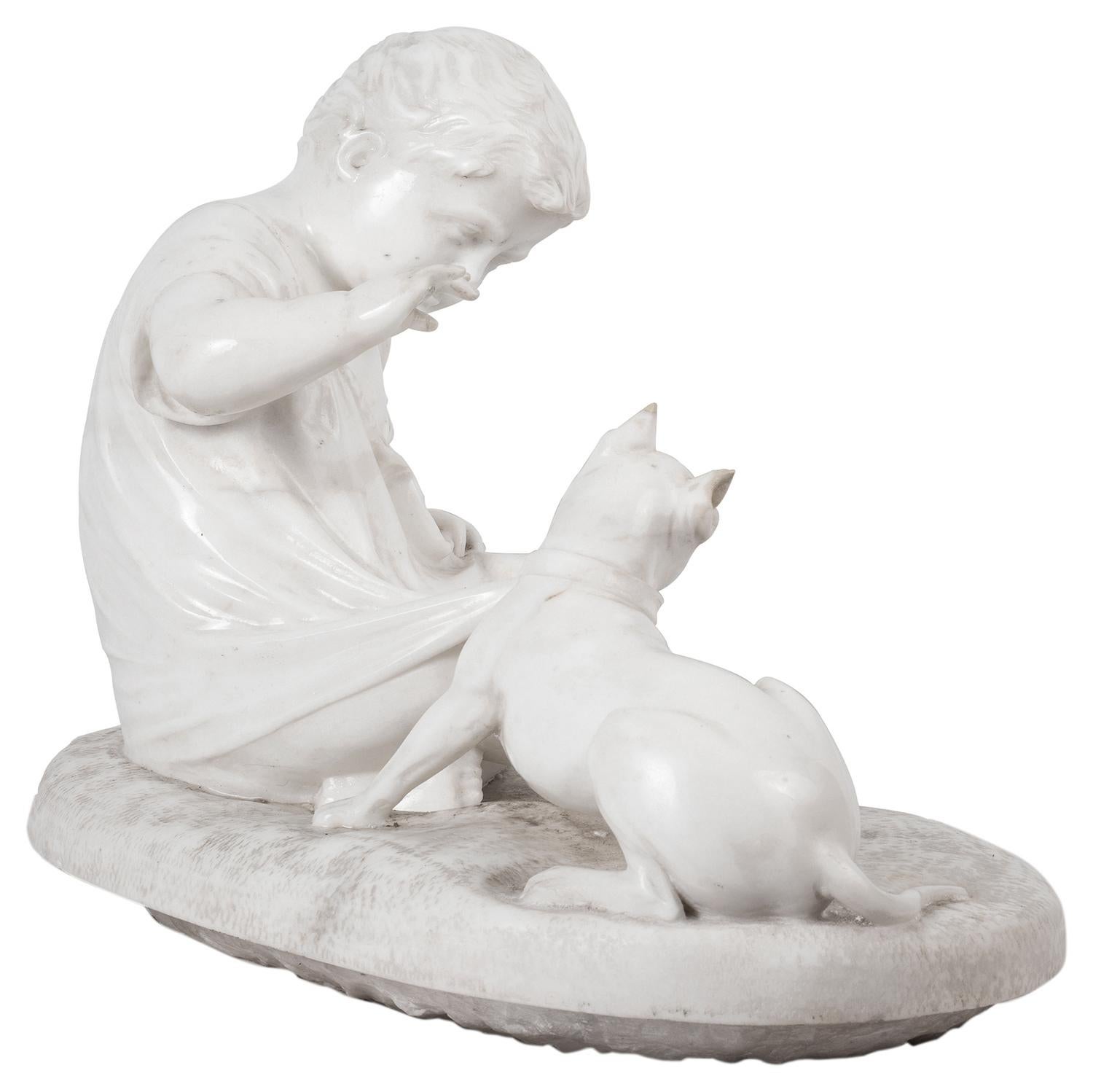English Marble Group of Child Playing with a Puppy, After Joseph Gott, 1786-1860 For Sale