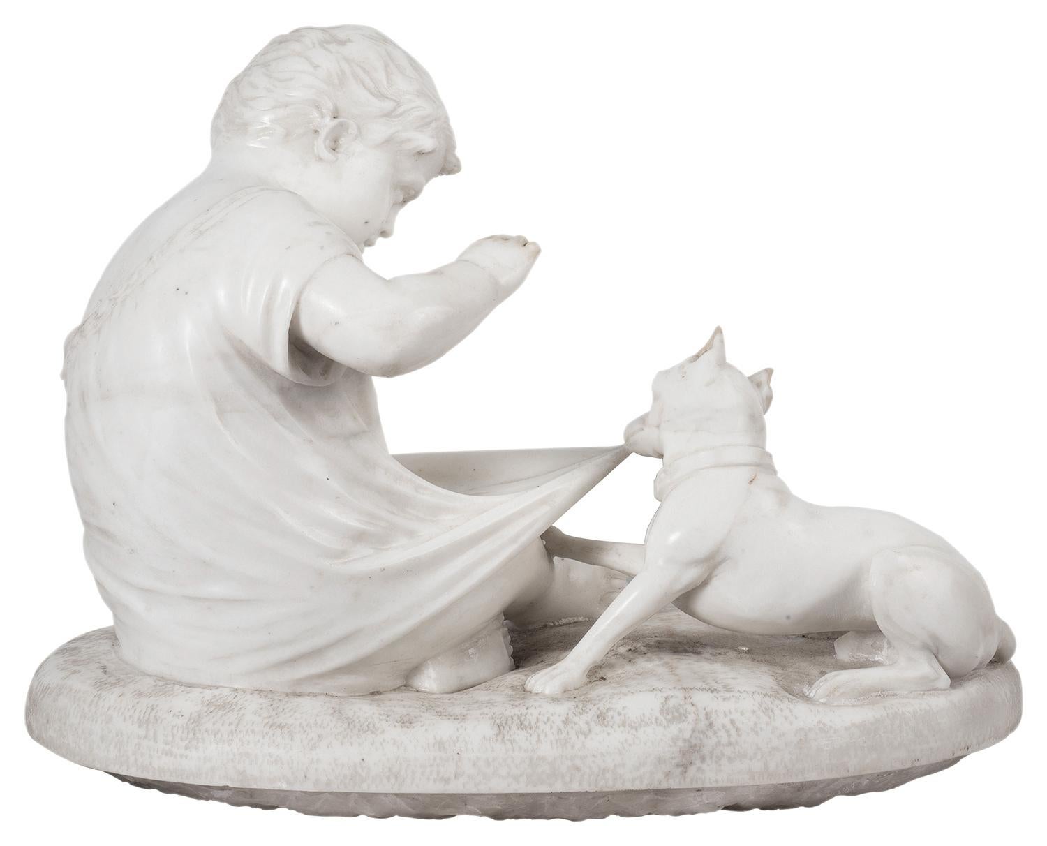 Hand-Carved Marble Group of Child Playing with a Puppy, After Joseph Gott, 1786-1860 For Sale