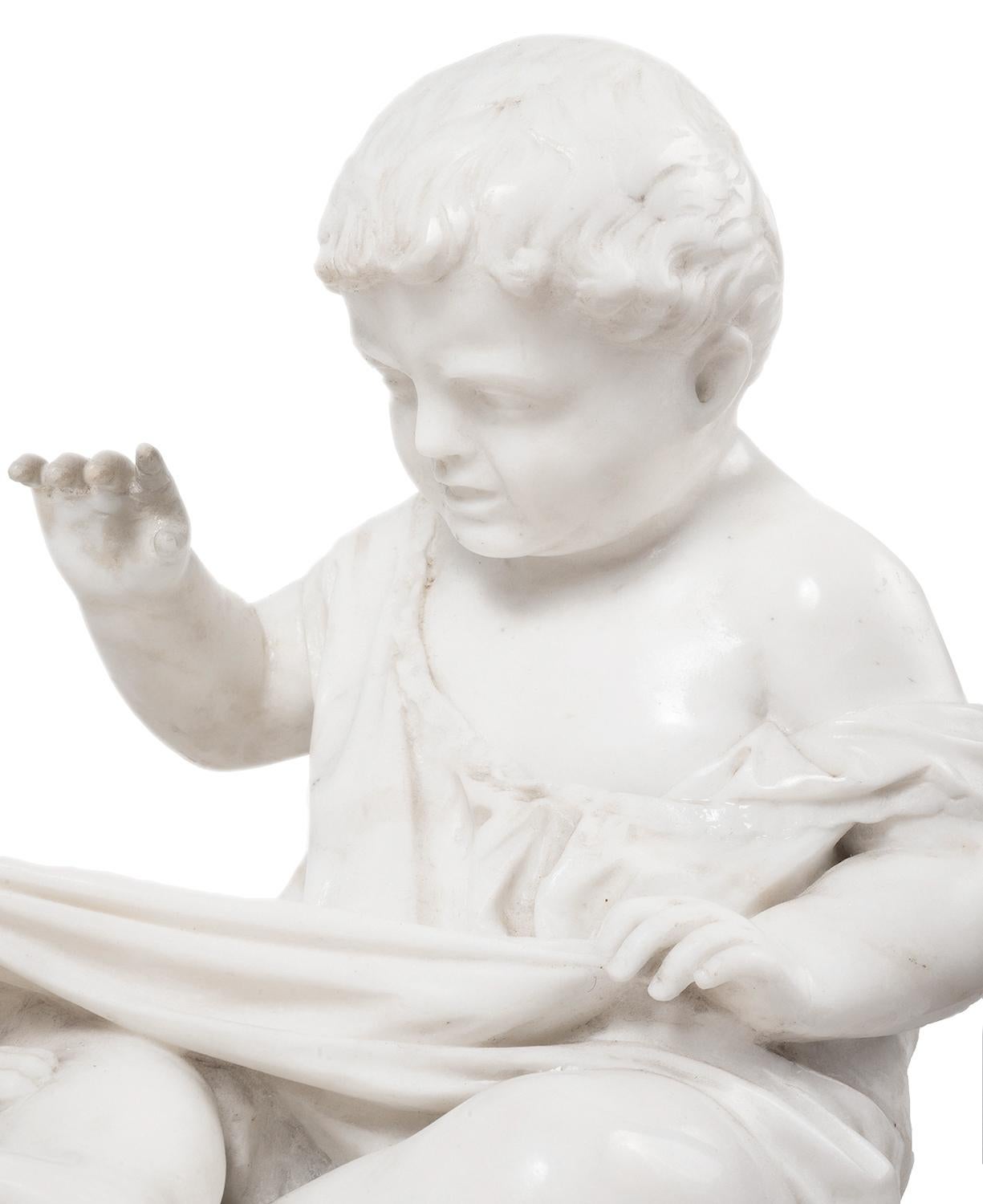 Marble Group of Child Playing with a Puppy, After Joseph Gott, 1786-1860 In Good Condition For Sale In Brighton, Sussex