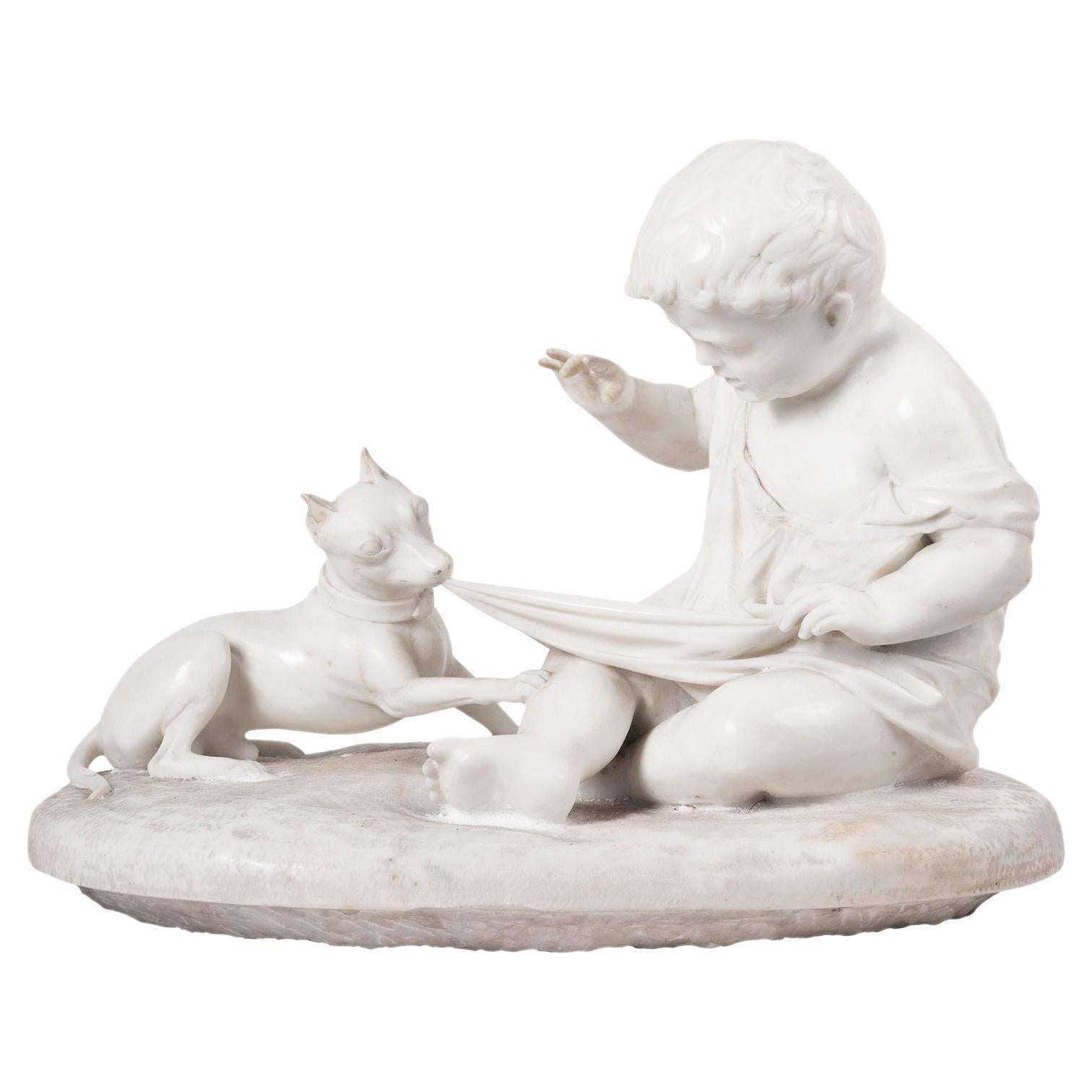 Marble Group of Child Playing with a Puppy, After Joseph Gott, 1786-1860 For Sale