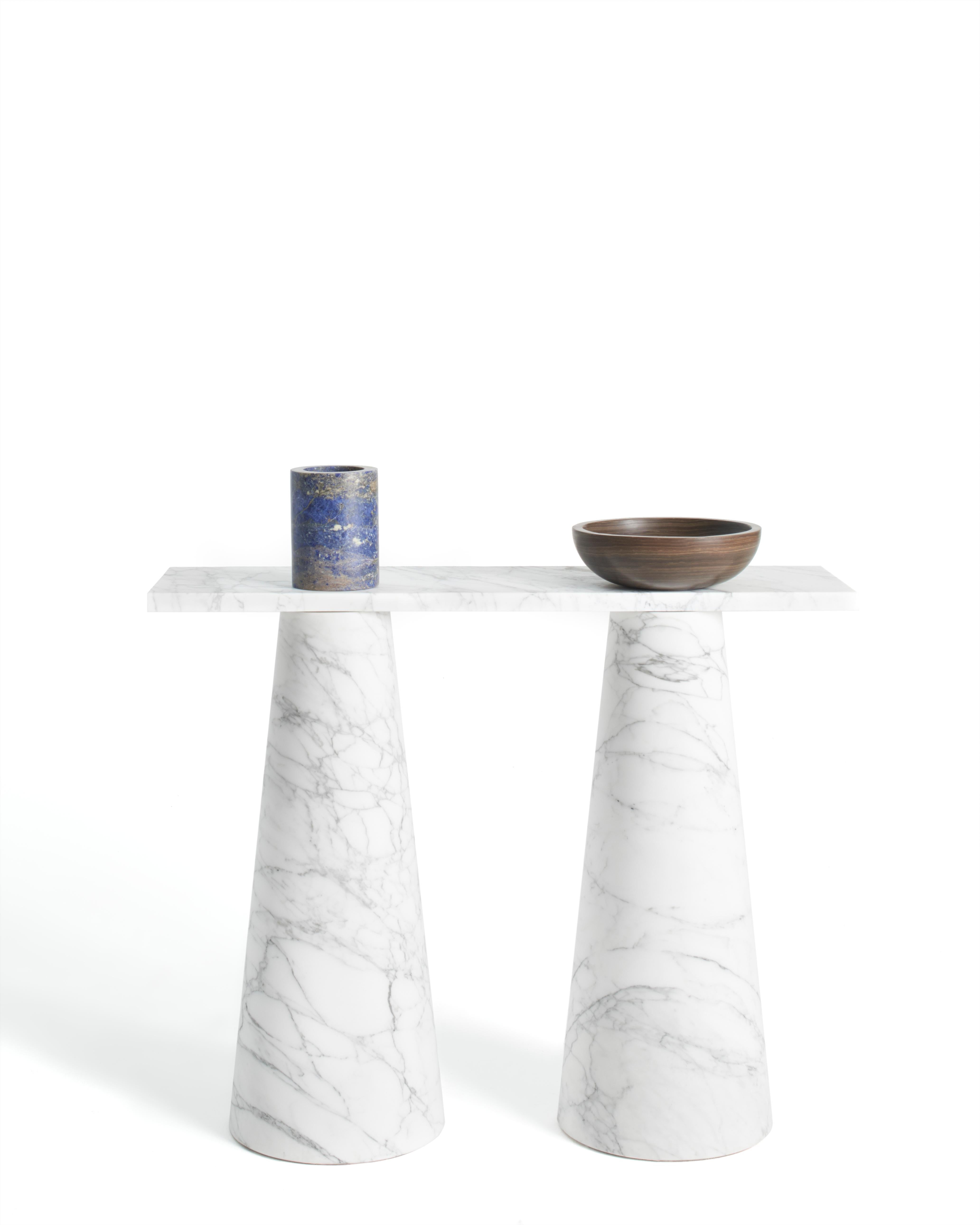 Marble inside out console by Karen Chekerdjian
Dimensions: H120 x D36 x W90
Materials: Bianco Arabescato

Karen’s trajectory into designing was unsystematic, comprised of a combination of practical experience in various creative fields and