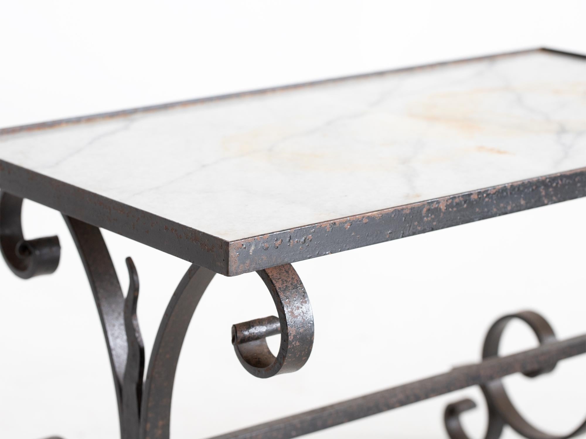 Wrought Iron Marble & Iron Coffee Table, French c. 1950s For Sale
