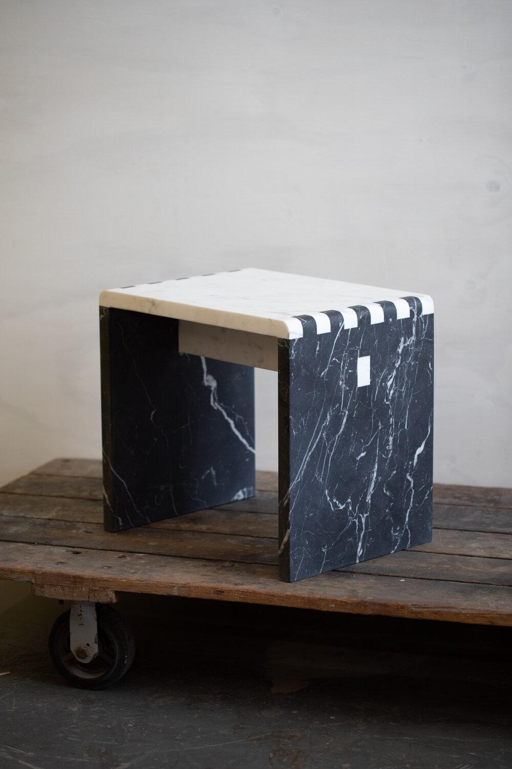 Marble Jointed stool 003 by Chris Miano

Calacatta Gold & Nero Marquina Marble
17 × 18 1/4 × 13 3/4 in
43.2 × 46.4 × 34.9 cm

Inspired by traditional Japanese wood joinery, this minimalist stool / side table is a material study of stone. Shown in