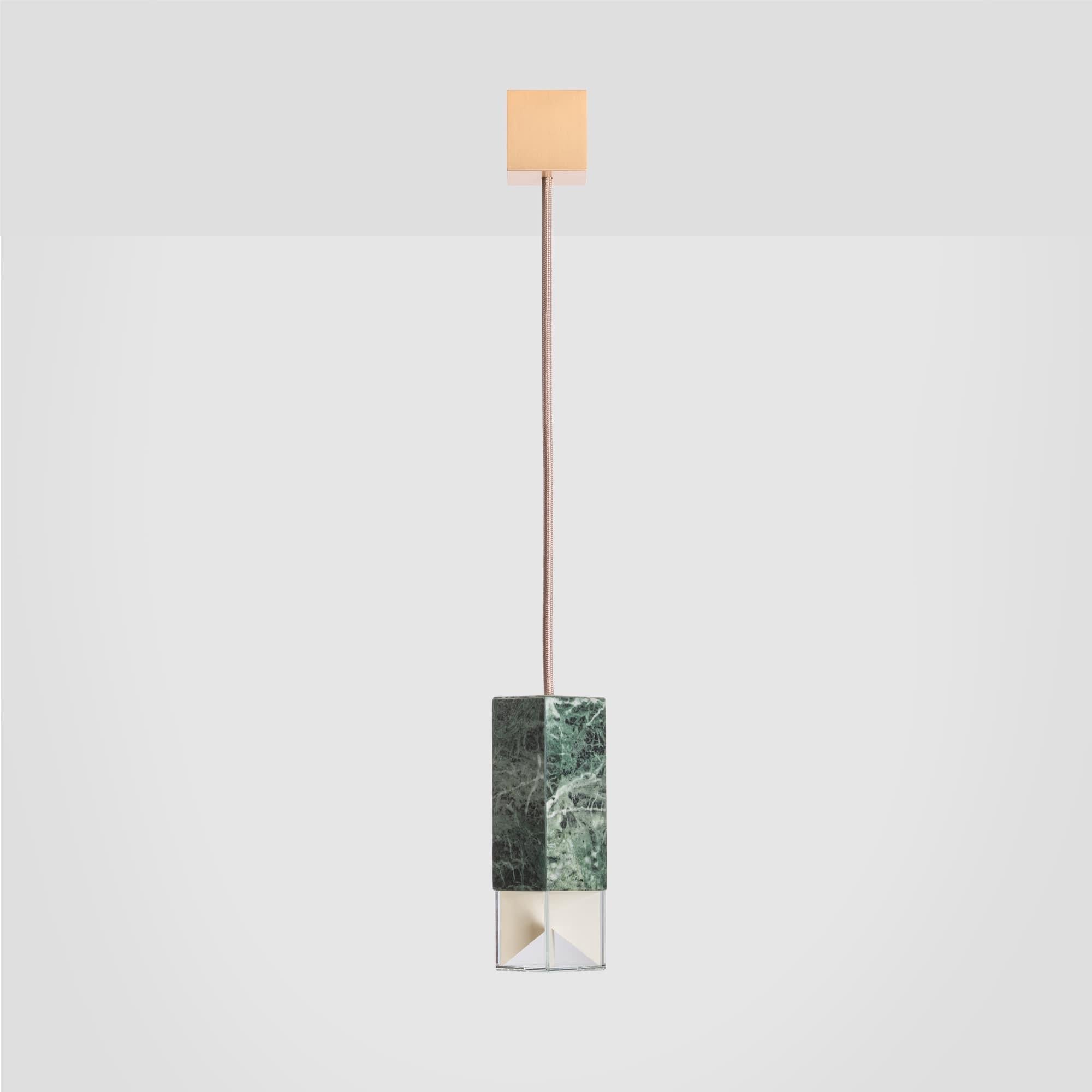 Lamp one color edition by Formaminima
Dimensions: 5 x 5 x H 17 cm
Materials: Lamp body in marble Verde Alpi
Ultra- thin anti-reflection crystal diffuser
Inside- diffuser Limoges biscuit-finish porcelain sheets

Satin brass ceiling rose H 5 x 5