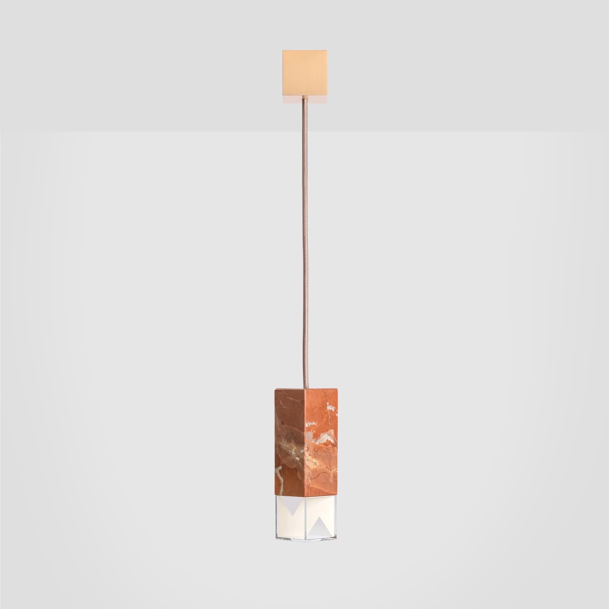 Lamp one color Edition by Formaminima
Dimensions: 5 x 5 x H 17 cm
Materials: Lamp body in Marble Rosso Collemandina
Ultra- thin anti-reflection crystal diffuser
Inside- diffuser Limoges biscuit-finish porcelain sheets

Satin brass ceiling rose