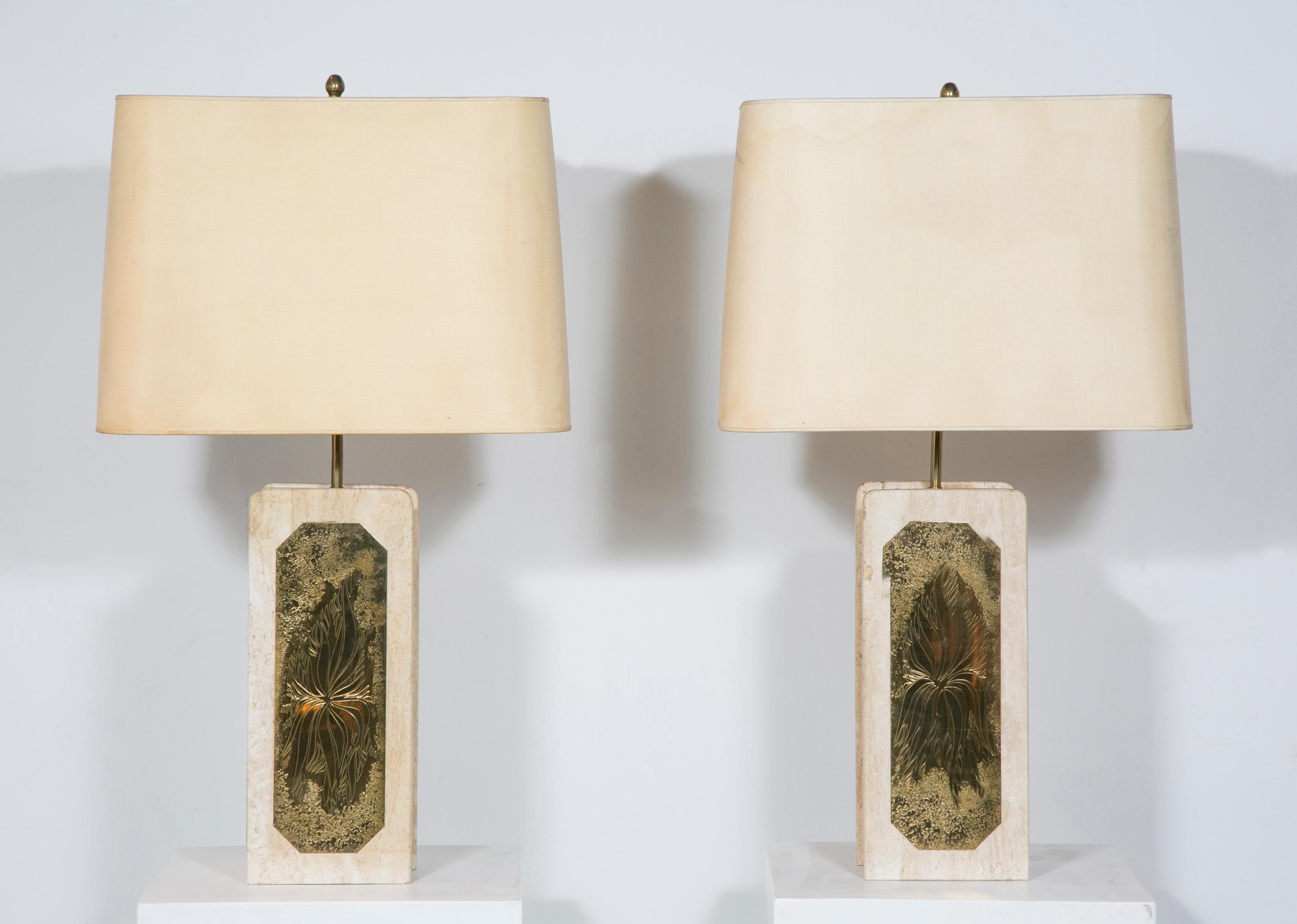 This beige marbled table lamp by Belgian artist Georges Mathias has an etched brass plaque, and is signed Georges Mathias.