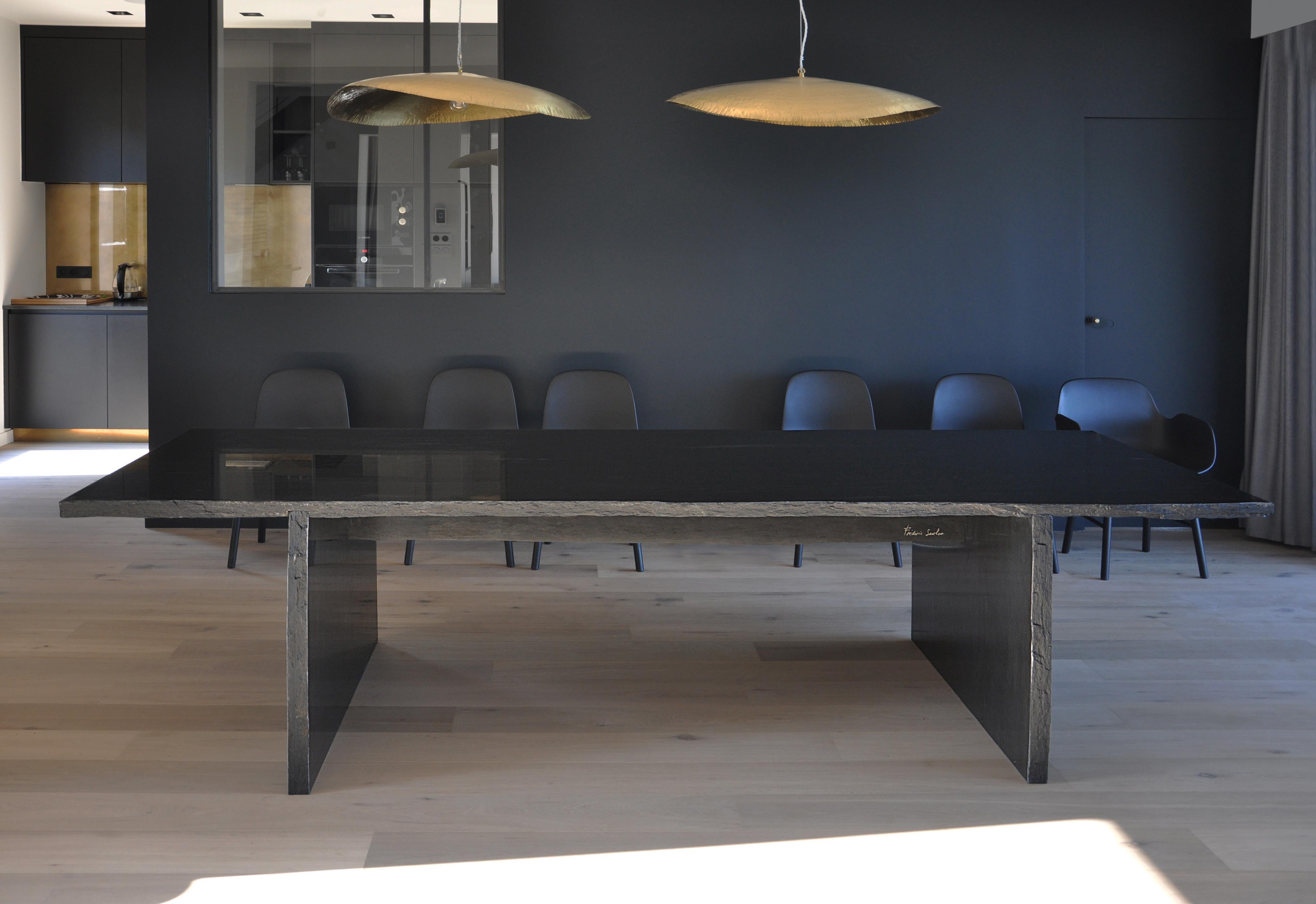 Marble long slate dining table signed by Frédéric Saulou
Designer: Frédéric Saulou.
Materials: Tre´laze´ black slate.
Dimensions: 75 x 300 x 110 cm
Edition of eight.
Signed and numbered.


