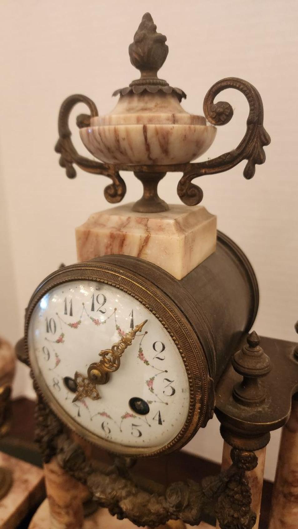 French Marble Mantel Clock with matching Urns For Sale