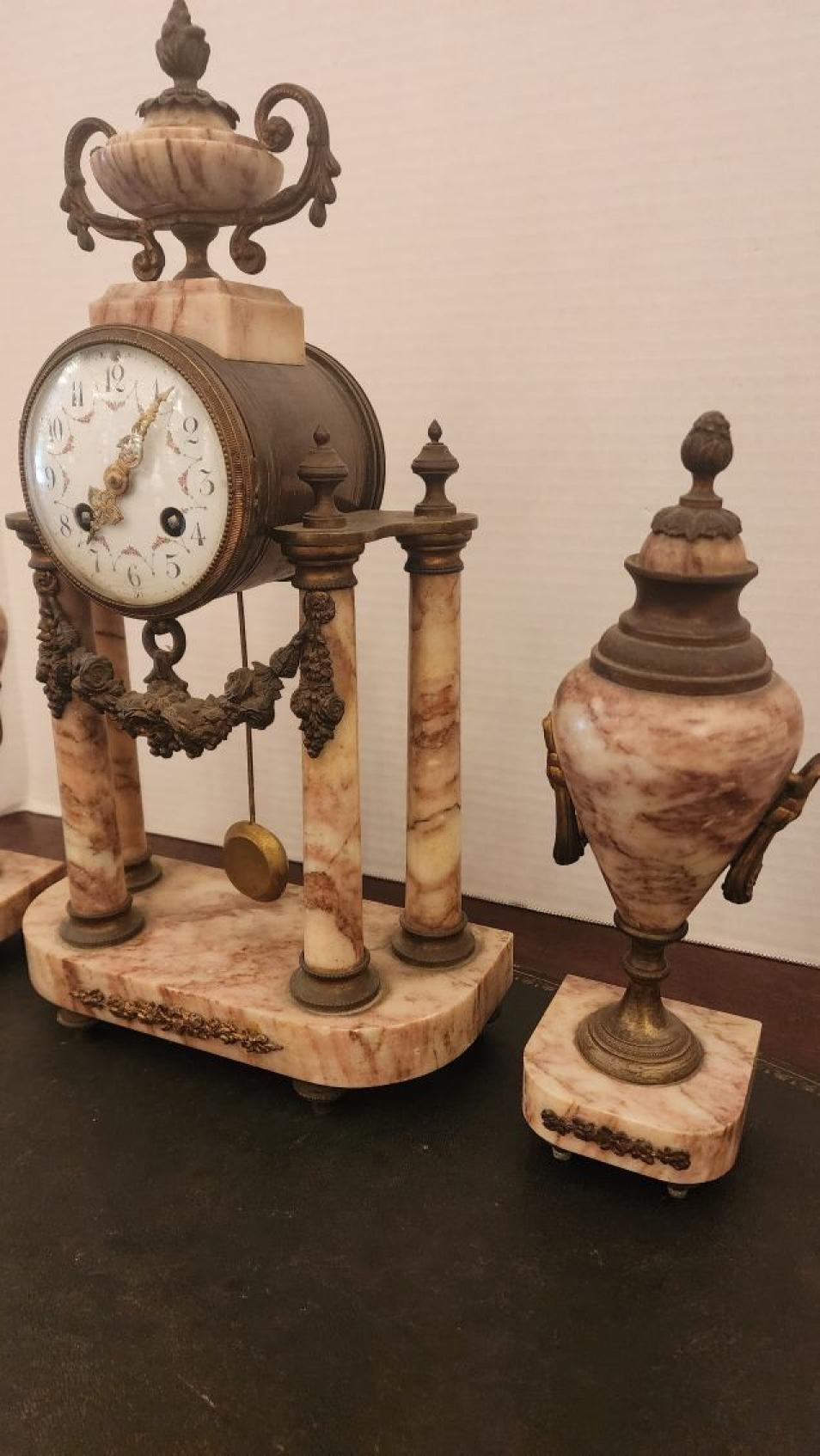 19th Century Marble Mantel Clock with matching Urns For Sale