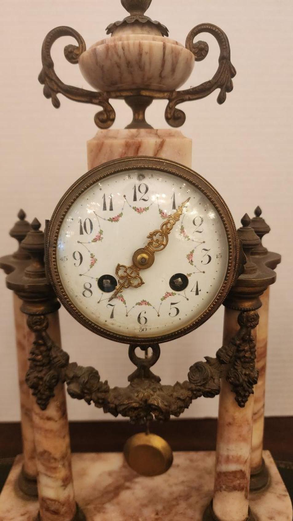 Brass Marble Mantel Clock with matching Urns For Sale