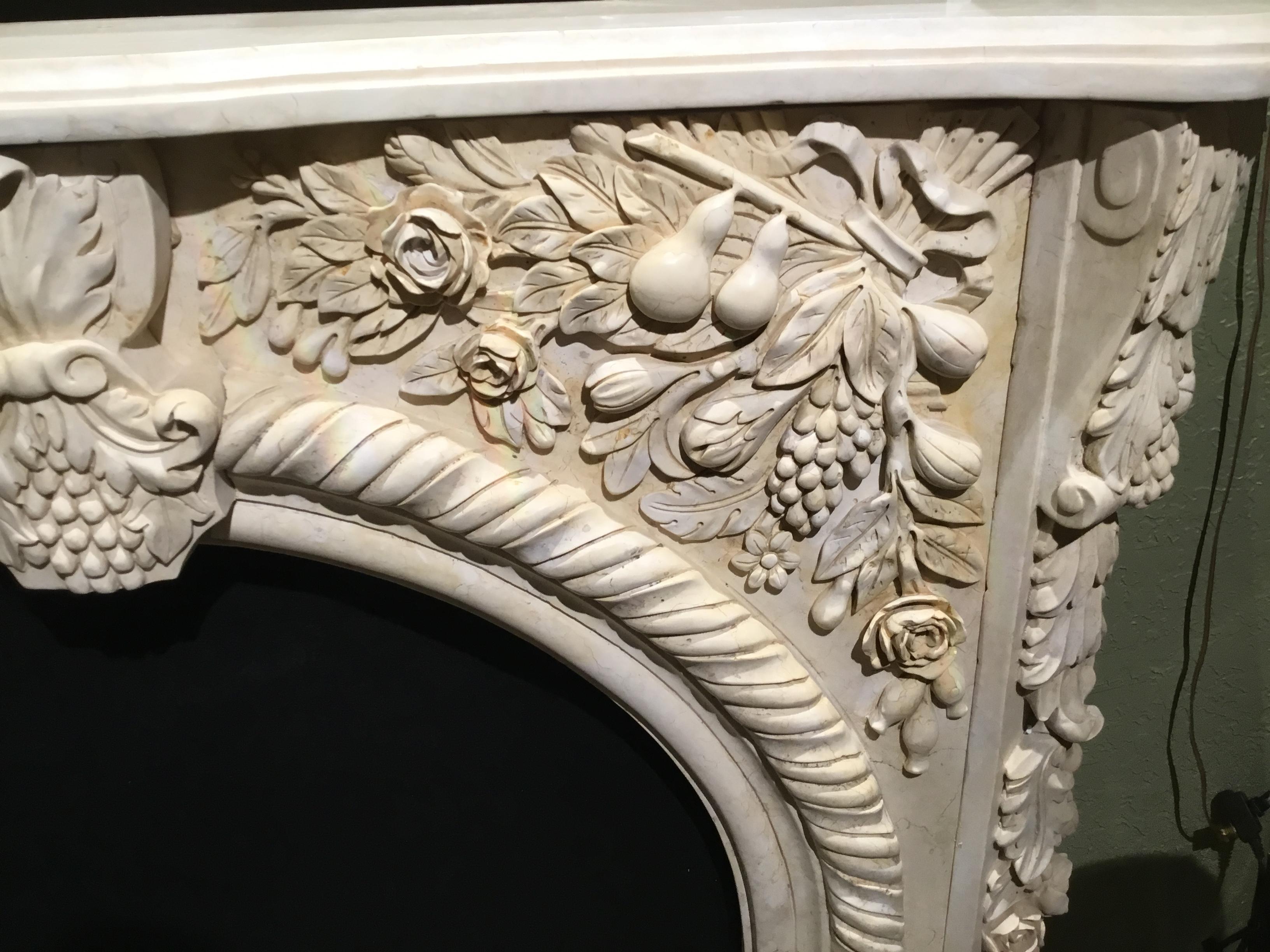 Chinese Marble Mantel in Pale Gold, Hand Carved with Fruit Flowers and Foliate Design