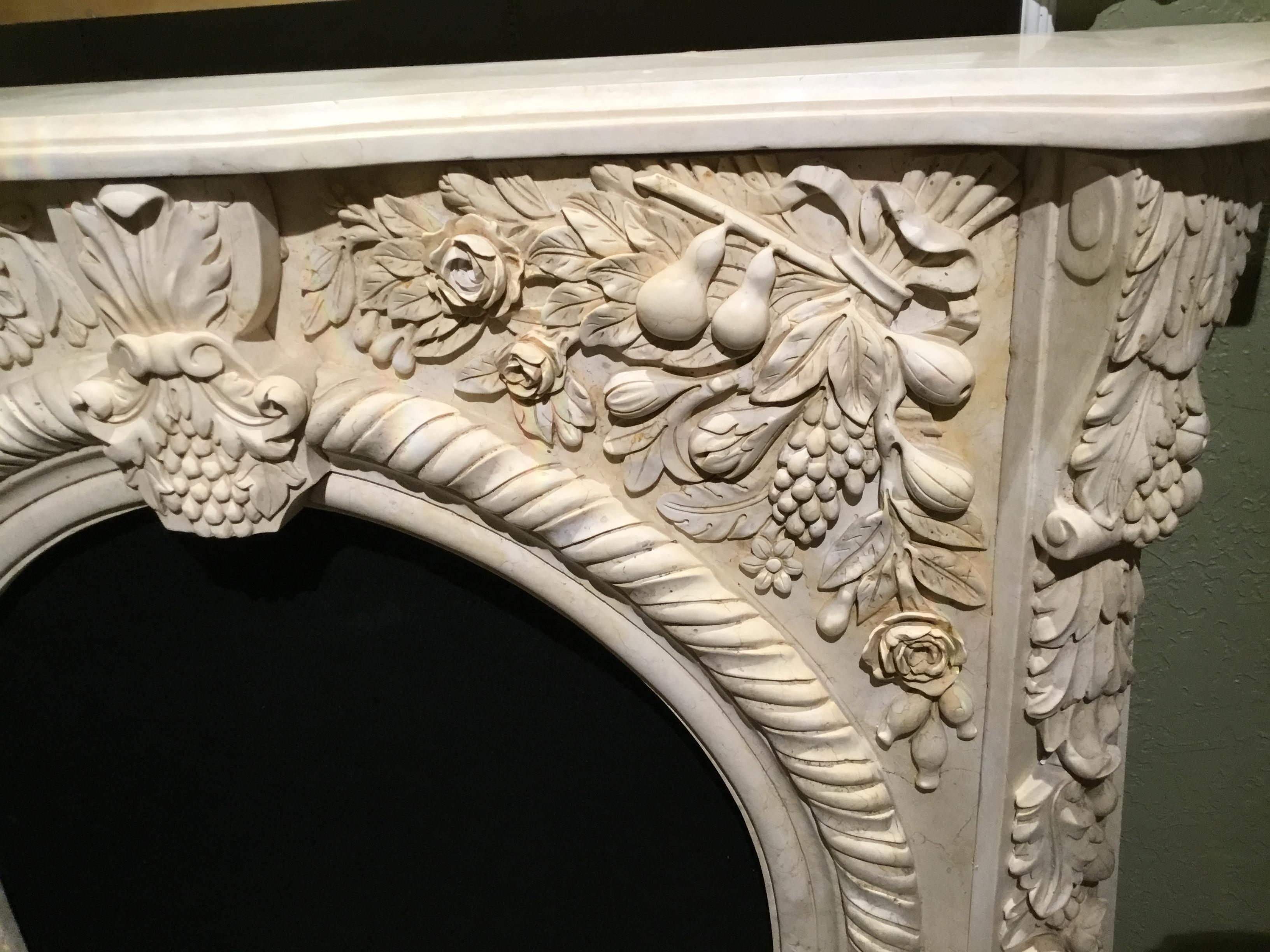 Marble Mantel in Pale Gold, Hand Carved with Fruit Flowers and Foliate Design 1