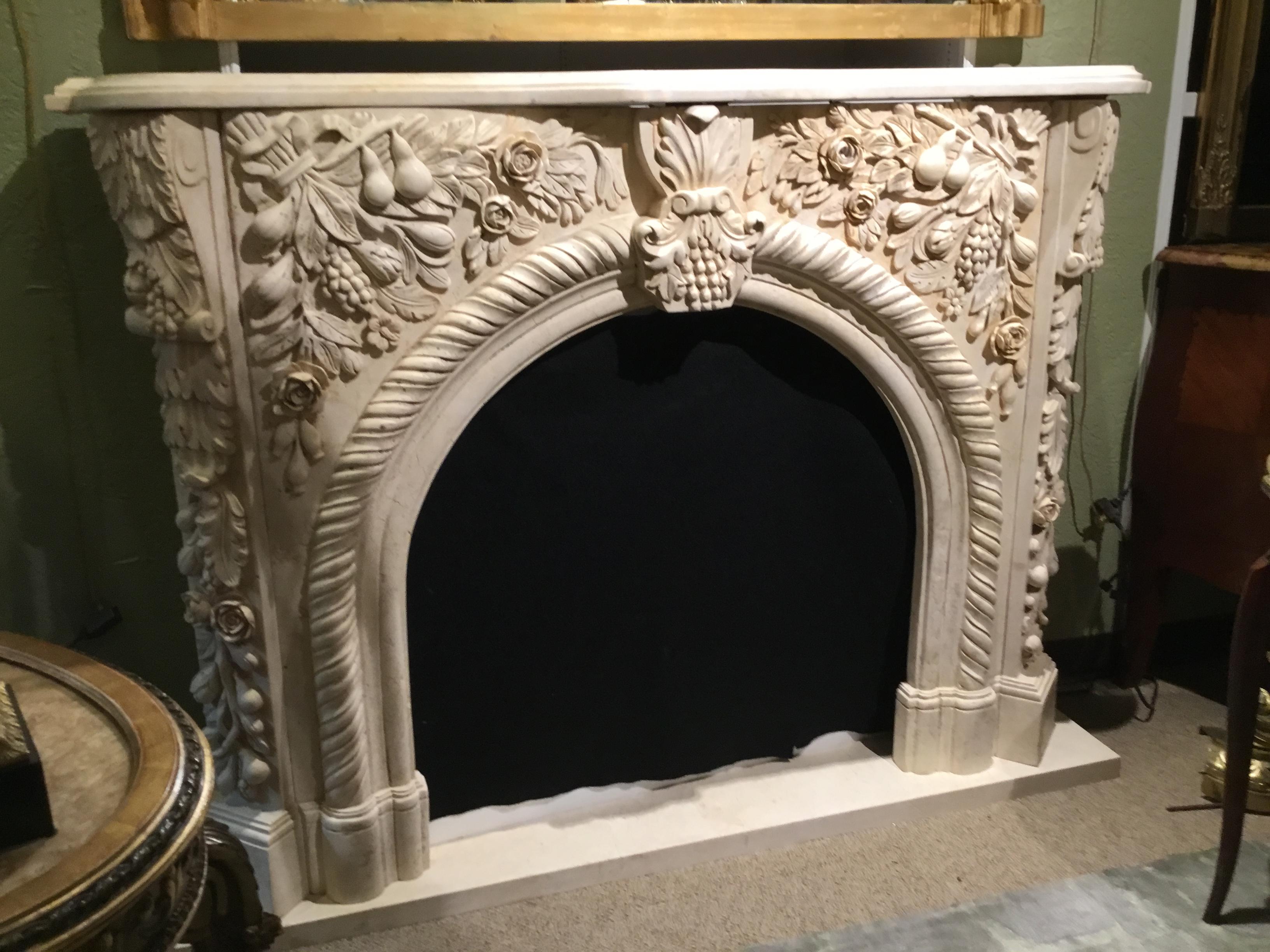 Marble Mantel in Pale Gold, Hand Carved with Fruit Flowers and Foliate Design 2