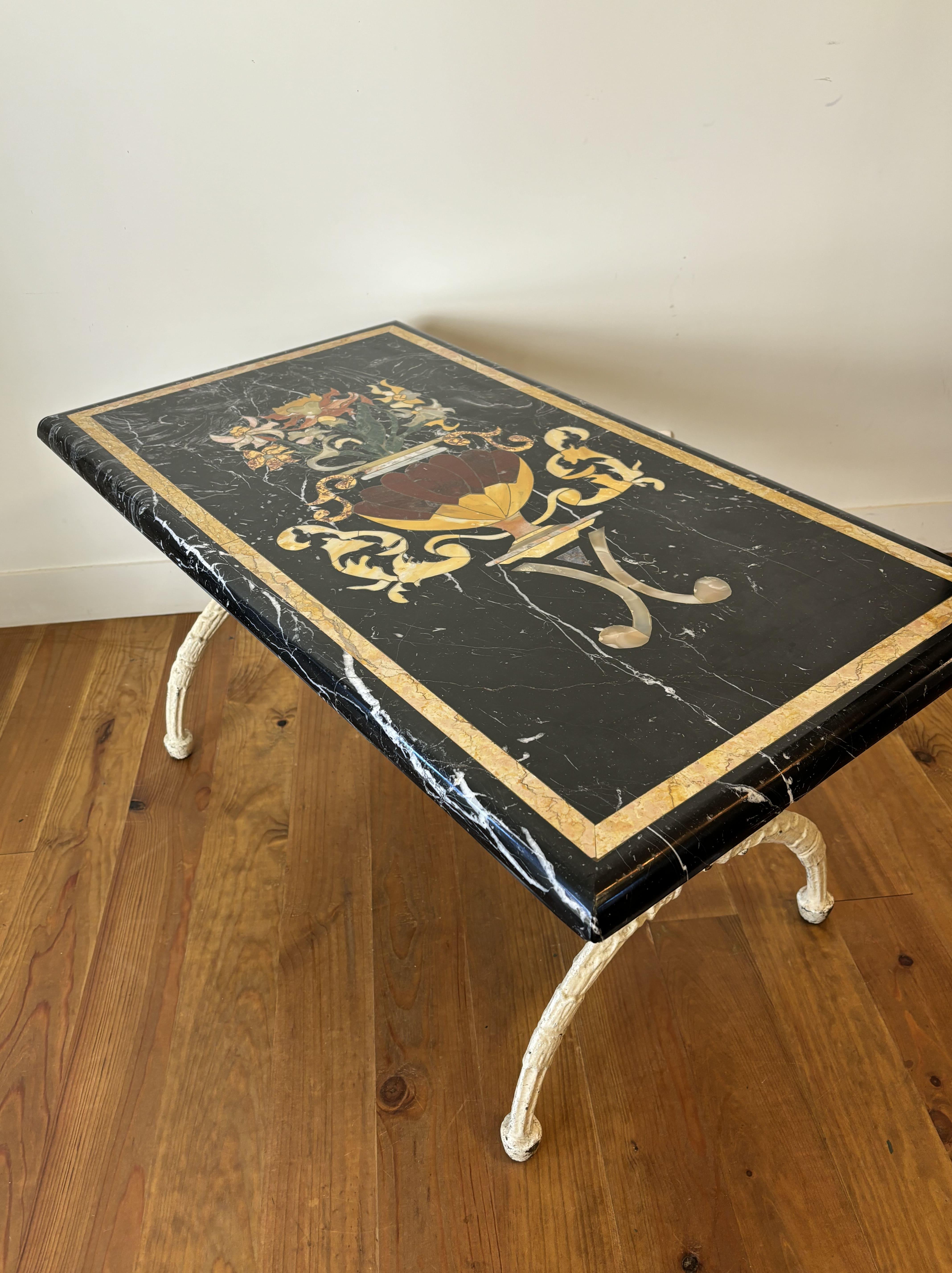 Marble Marquetry Coffee Table, Cream Patina Cast Iron Base, 20th Century, Italy 4