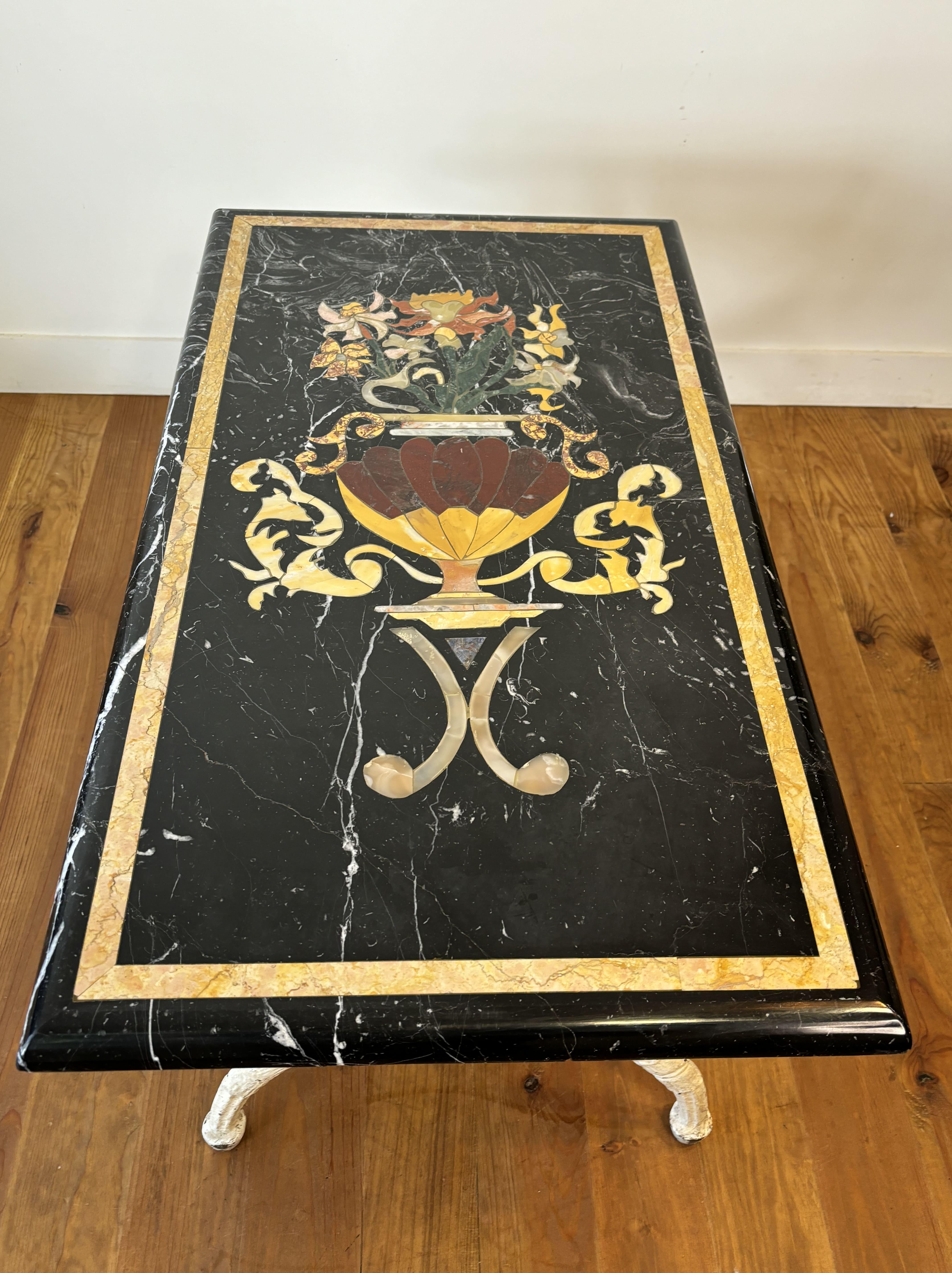 Marble Marquetry Coffee Table, Cream Patina Cast Iron Base, 20th Century, Italy 5