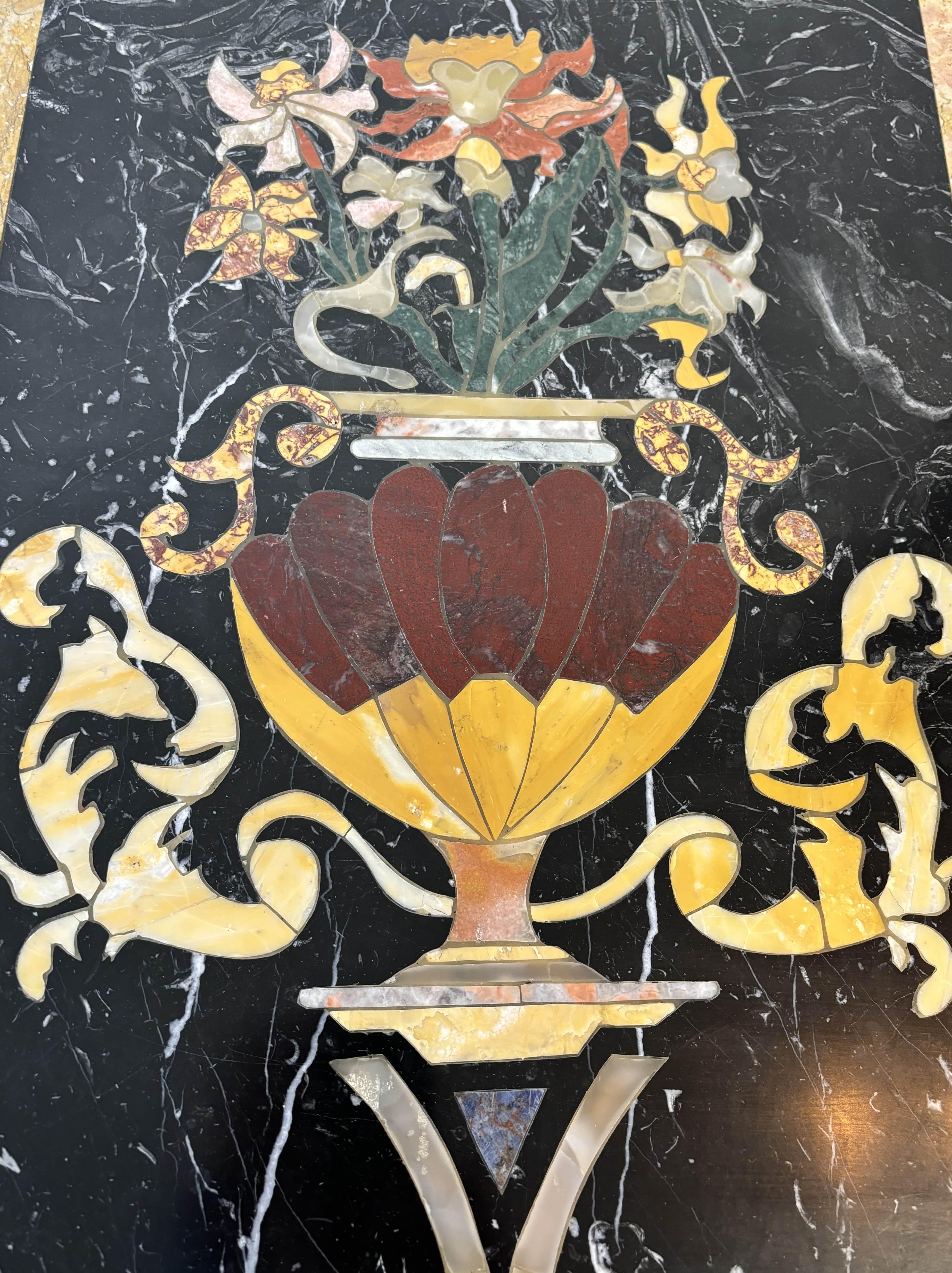 Marble Marquetry Coffee Table, Cream Patina Cast Iron Base, 20th Century, Italy 7