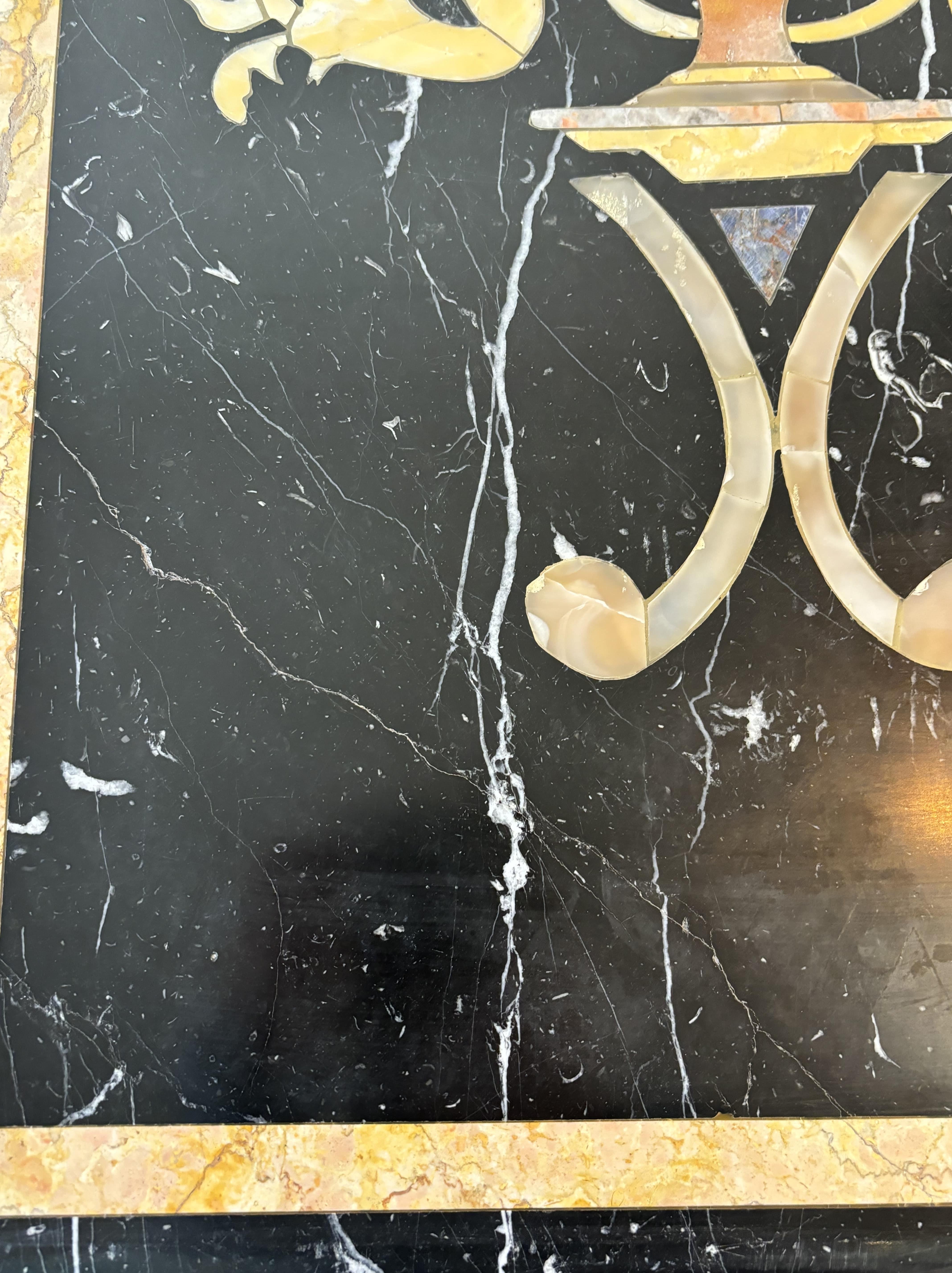 Marble Marquetry Coffee Table, Cream Patina Cast Iron Base, 20th Century, Italy 8