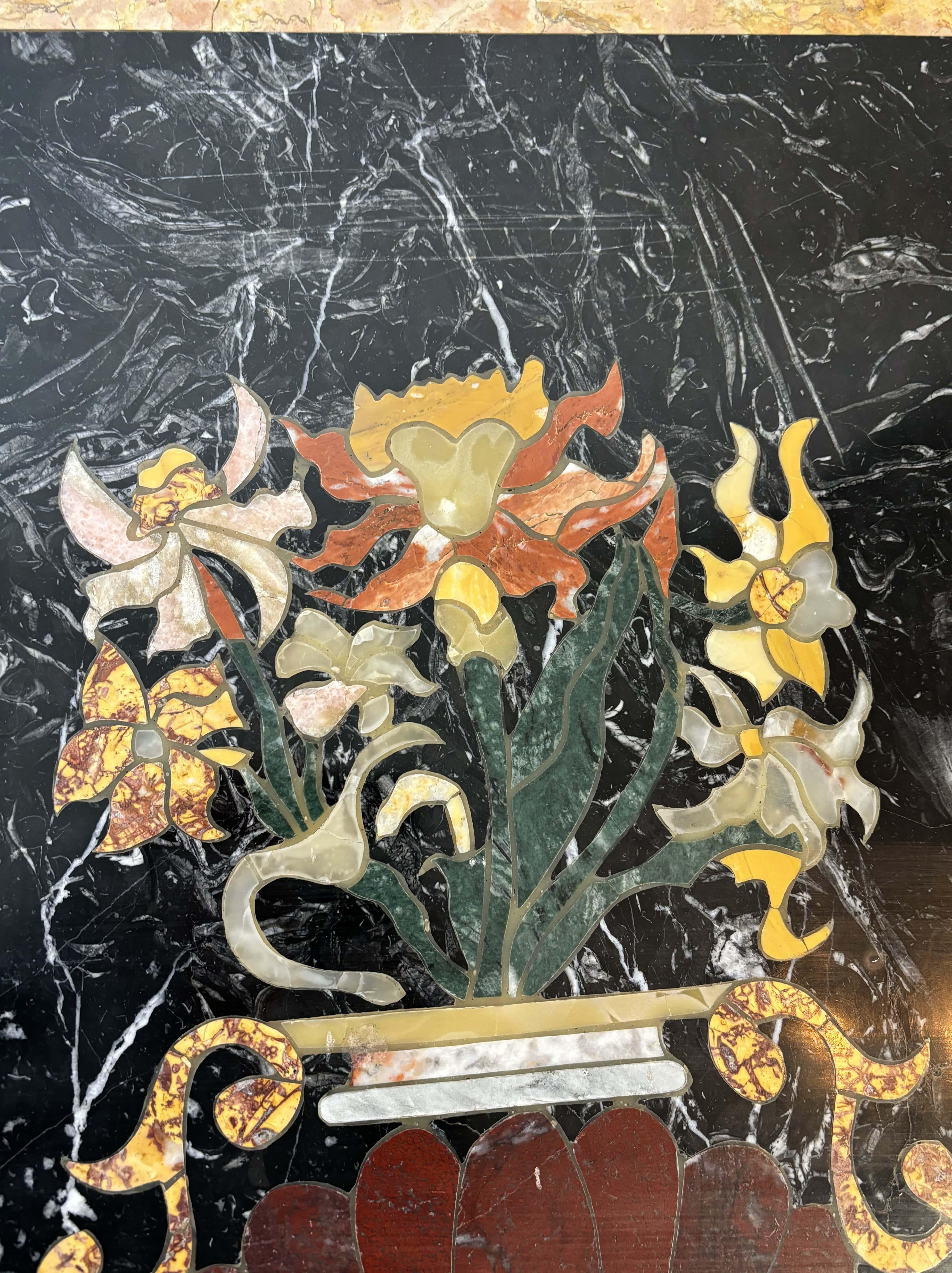 Marble Marquetry Coffee Table, Cream Patina Cast Iron Base, 20th Century, Italy 9