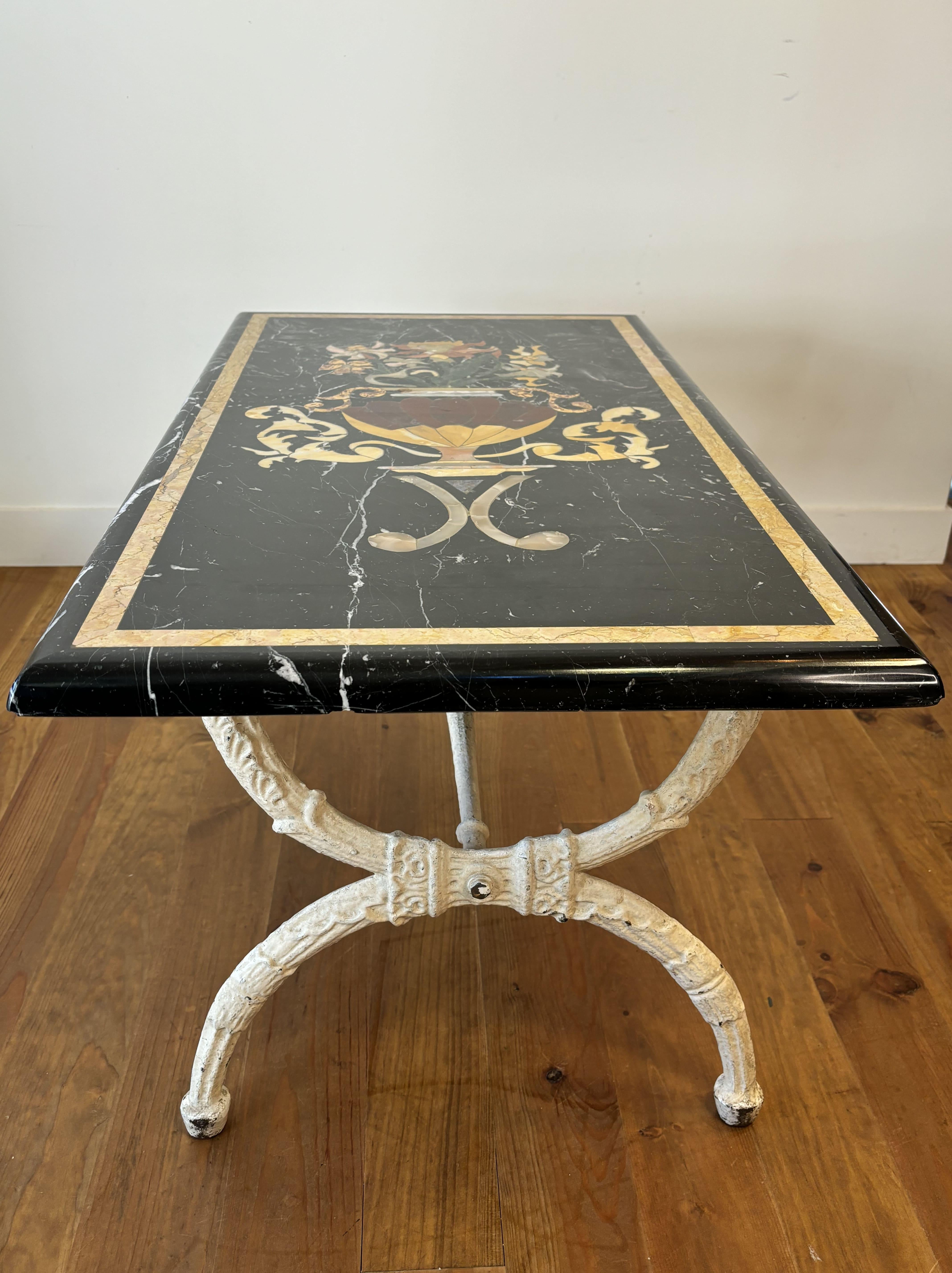 Marble Marquetry Coffee Table, Cream Patina Cast Iron Base, 20th Century, Italy 10