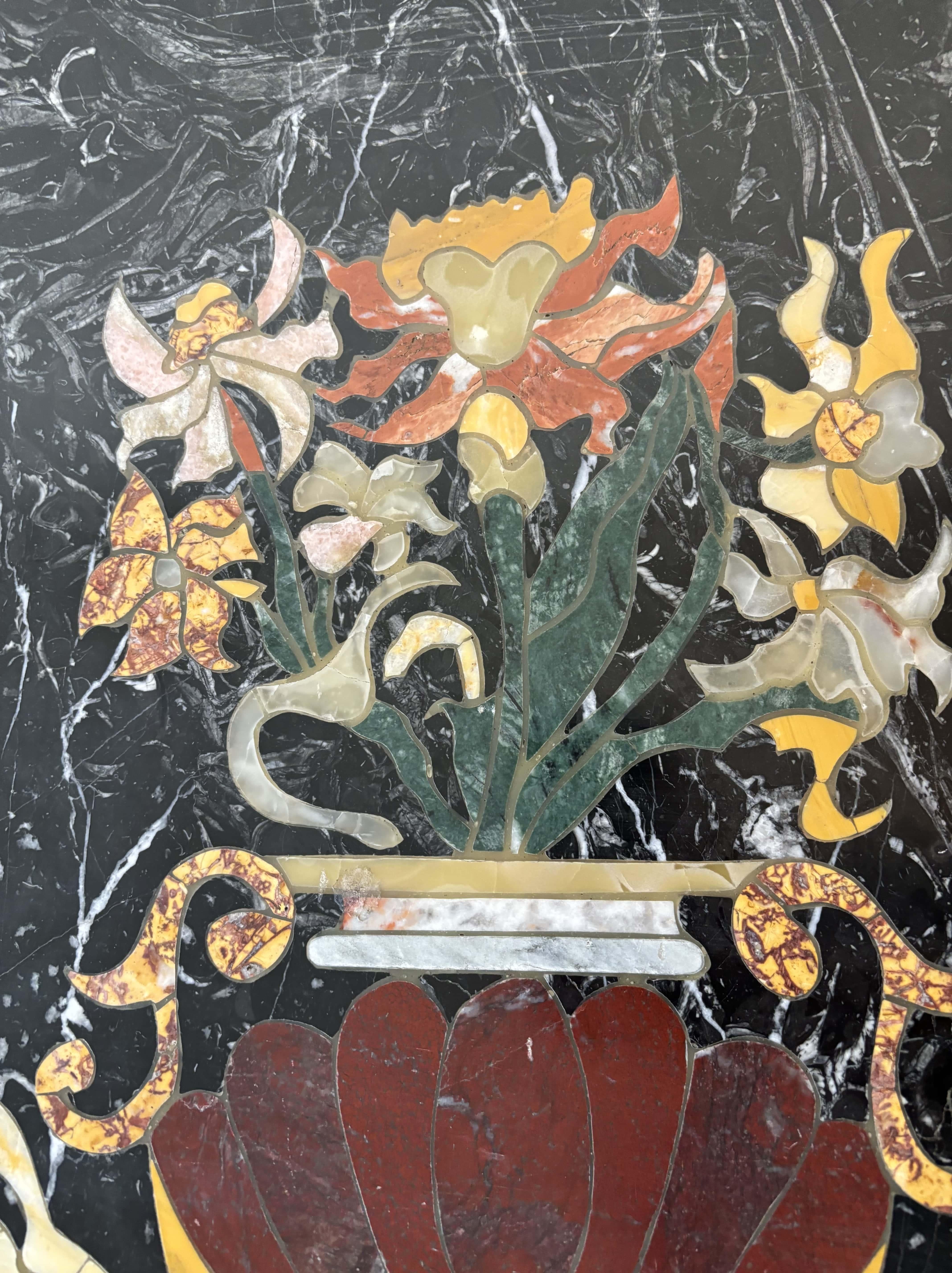 Marble Marquetry Coffee Table, Cream Patina Cast Iron Base, 20th Century, Italy 12