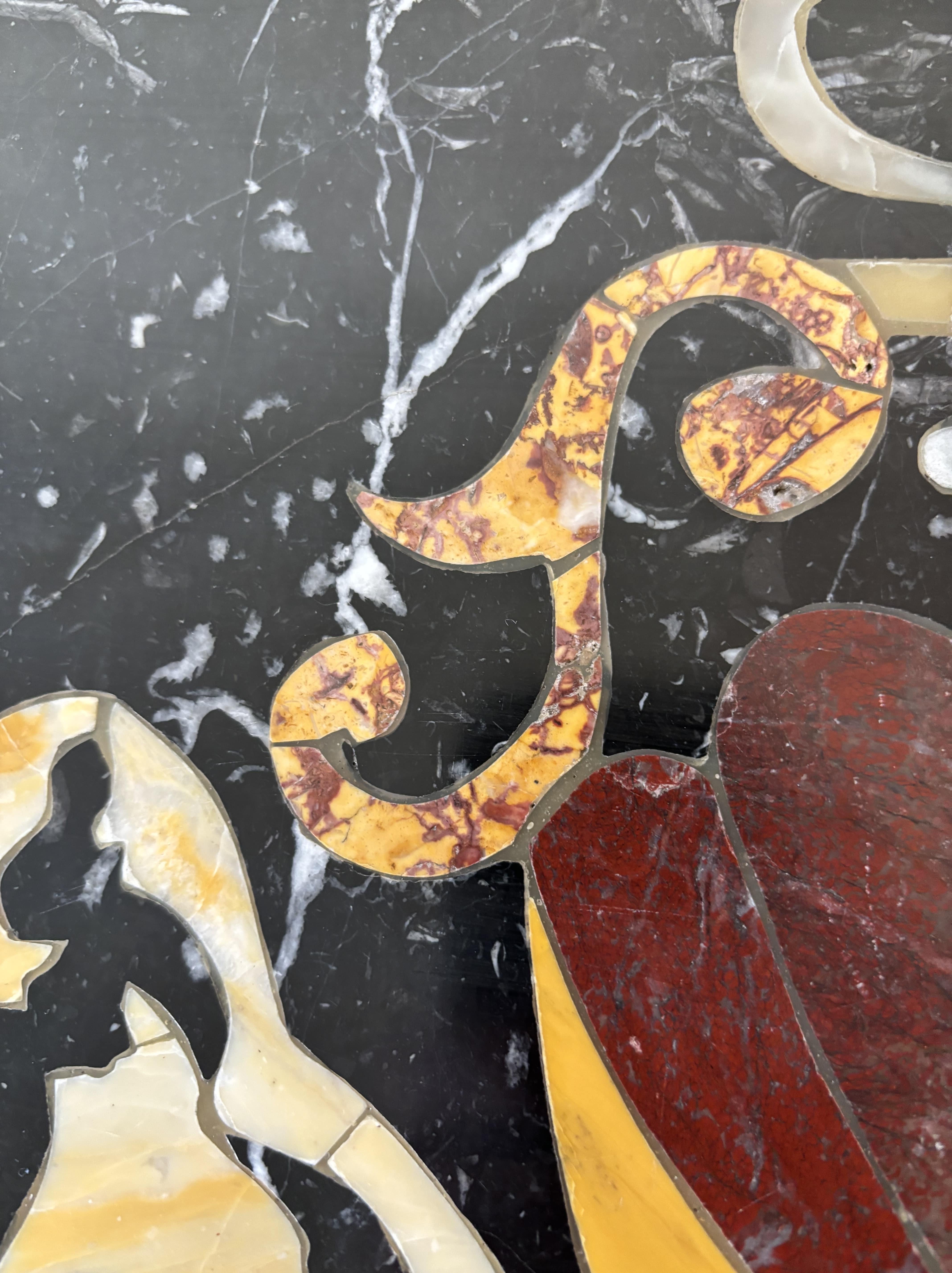 Marble Marquetry Coffee Table, Cream Patina Cast Iron Base, 20th Century, Italy 13