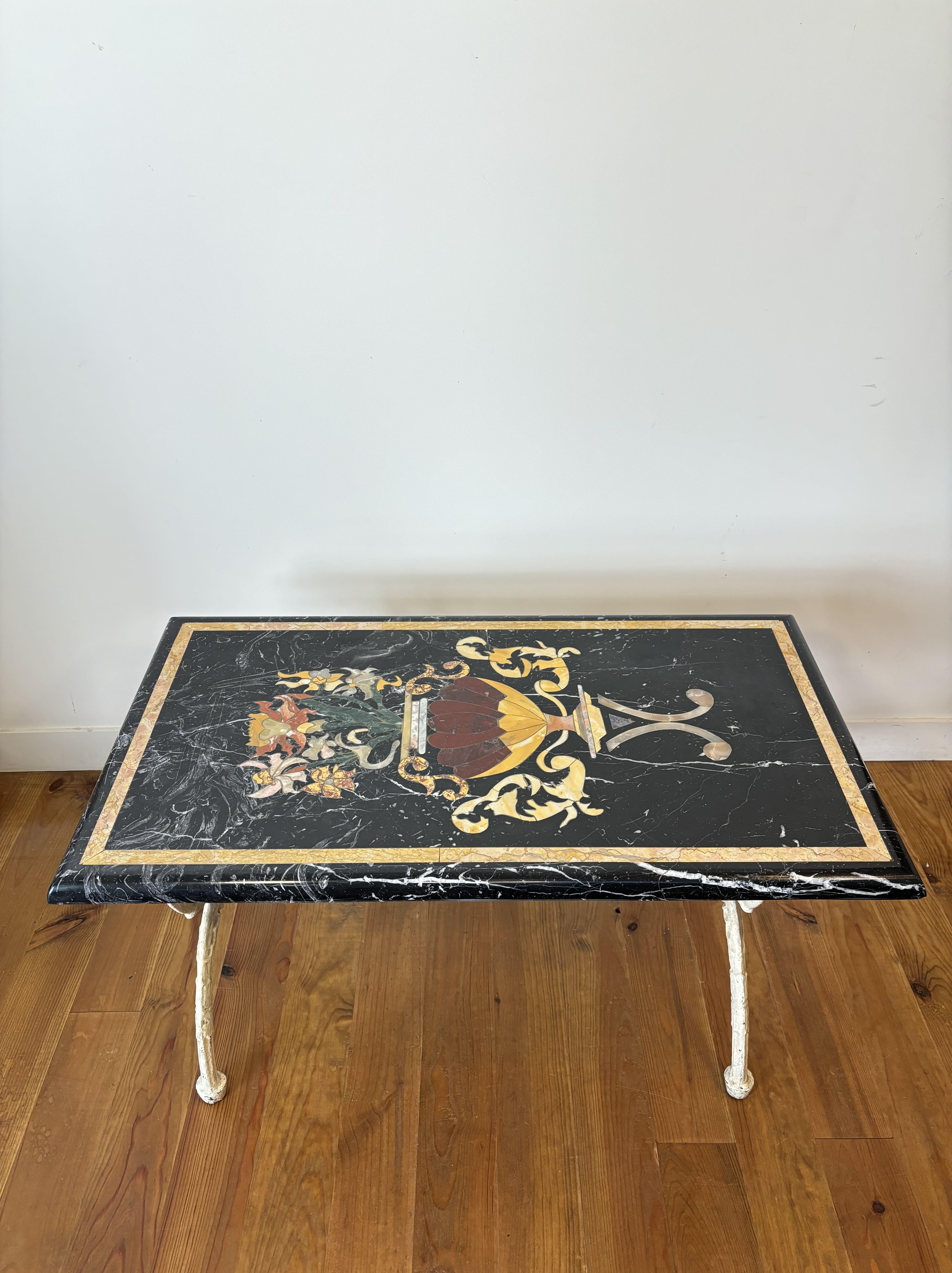 Mid-Century Modern Marble Marquetry Coffee Table, Cream Patina Cast Iron Base, 20th Century, Italy