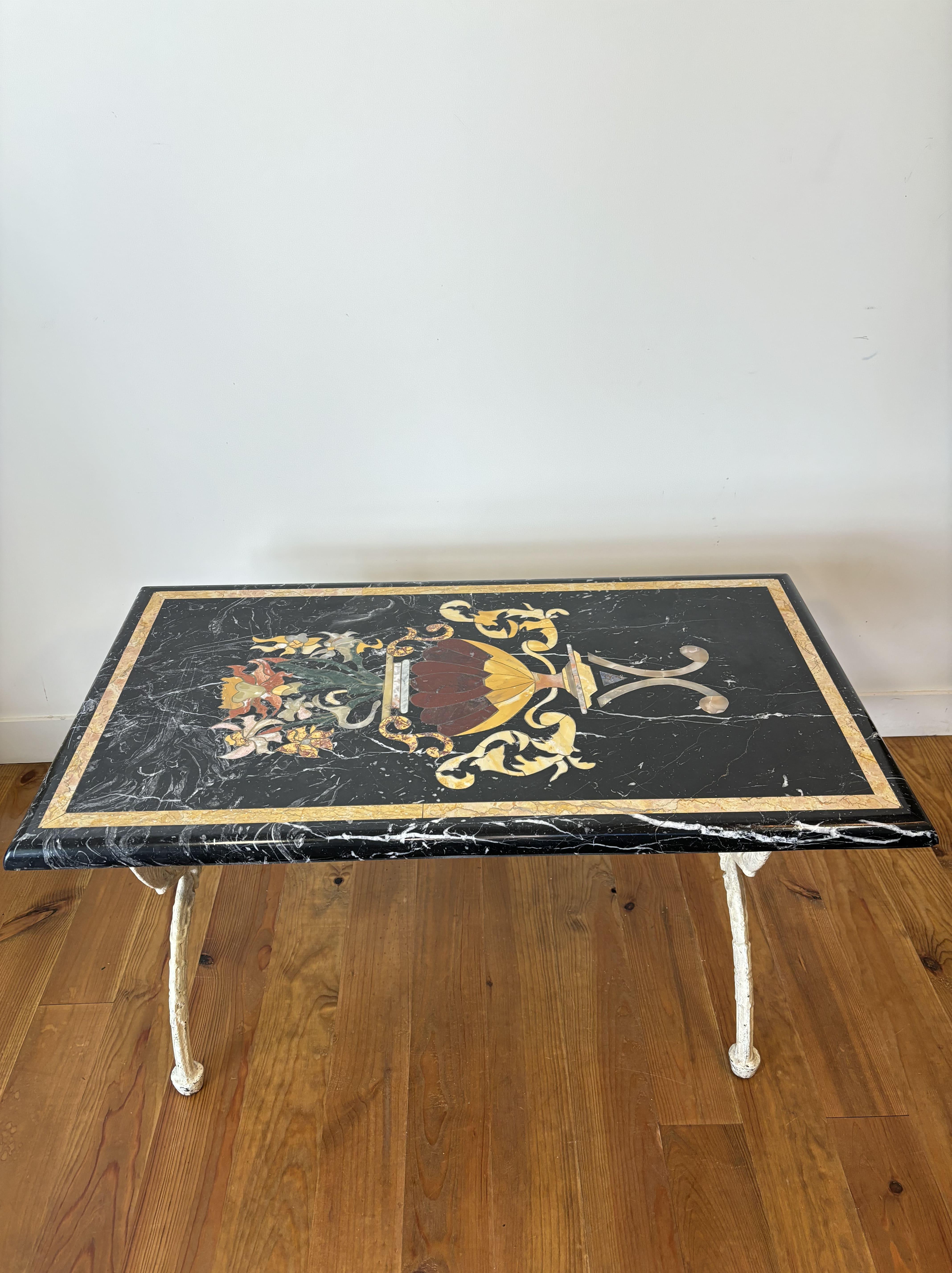 Italian Marble Marquetry Coffee Table, Cream Patina Cast Iron Base, 20th Century, Italy