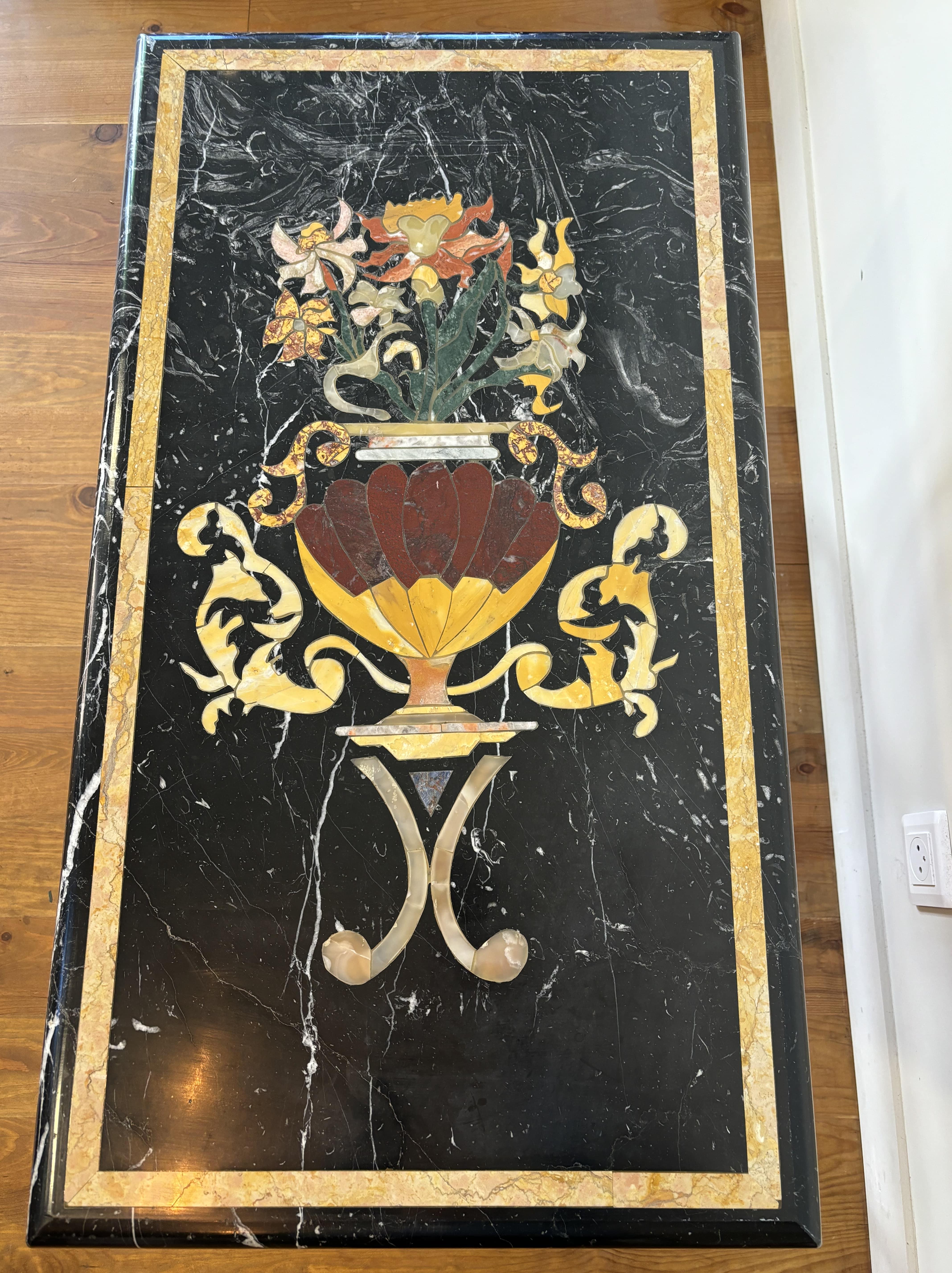 Stone Marble Marquetry Coffee Table, Cream Patina Cast Iron Base, 20th Century, Italy