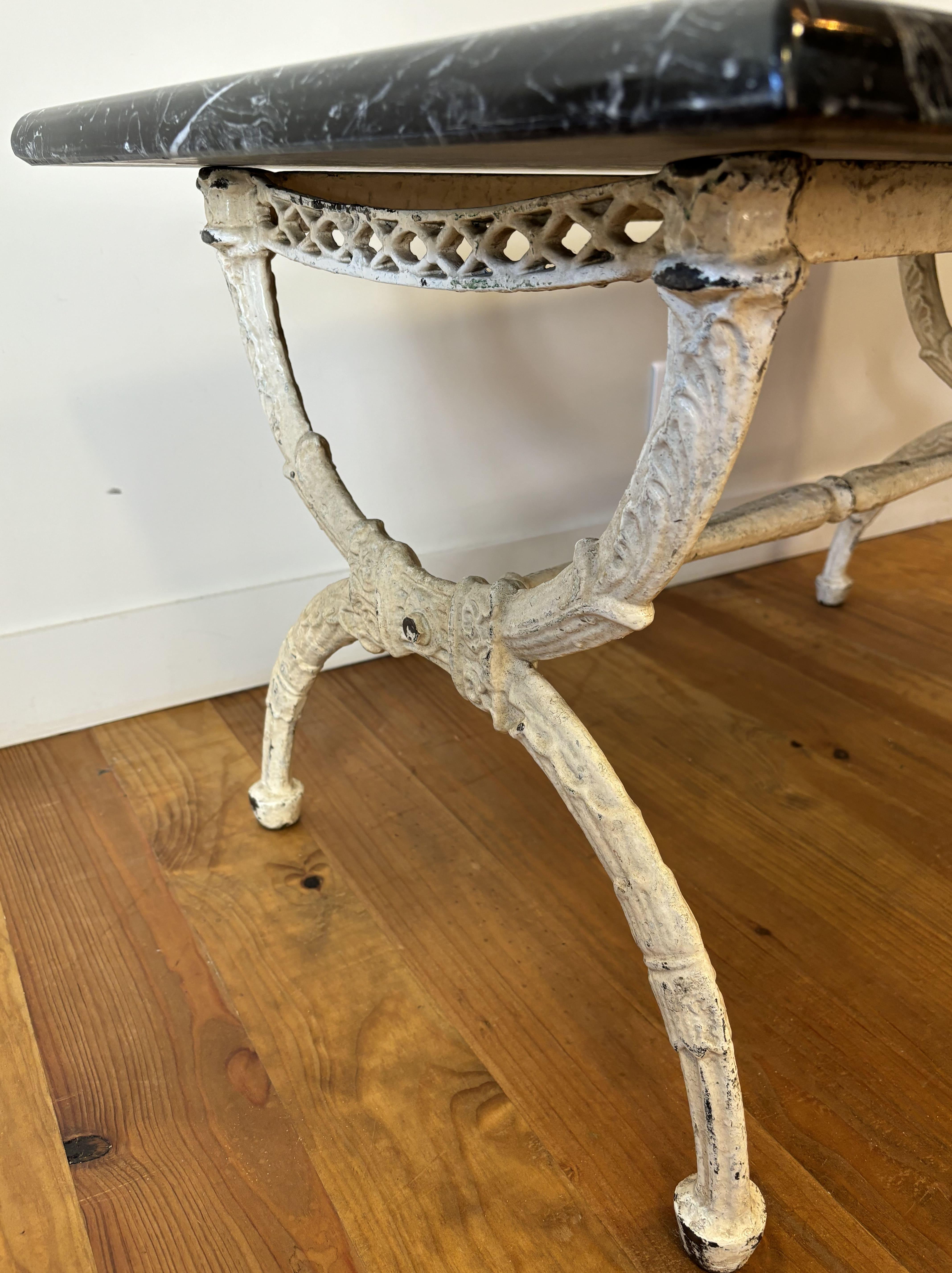 Marble Marquetry Coffee Table, Cream Patina Cast Iron Base, 20th Century, Italy 1