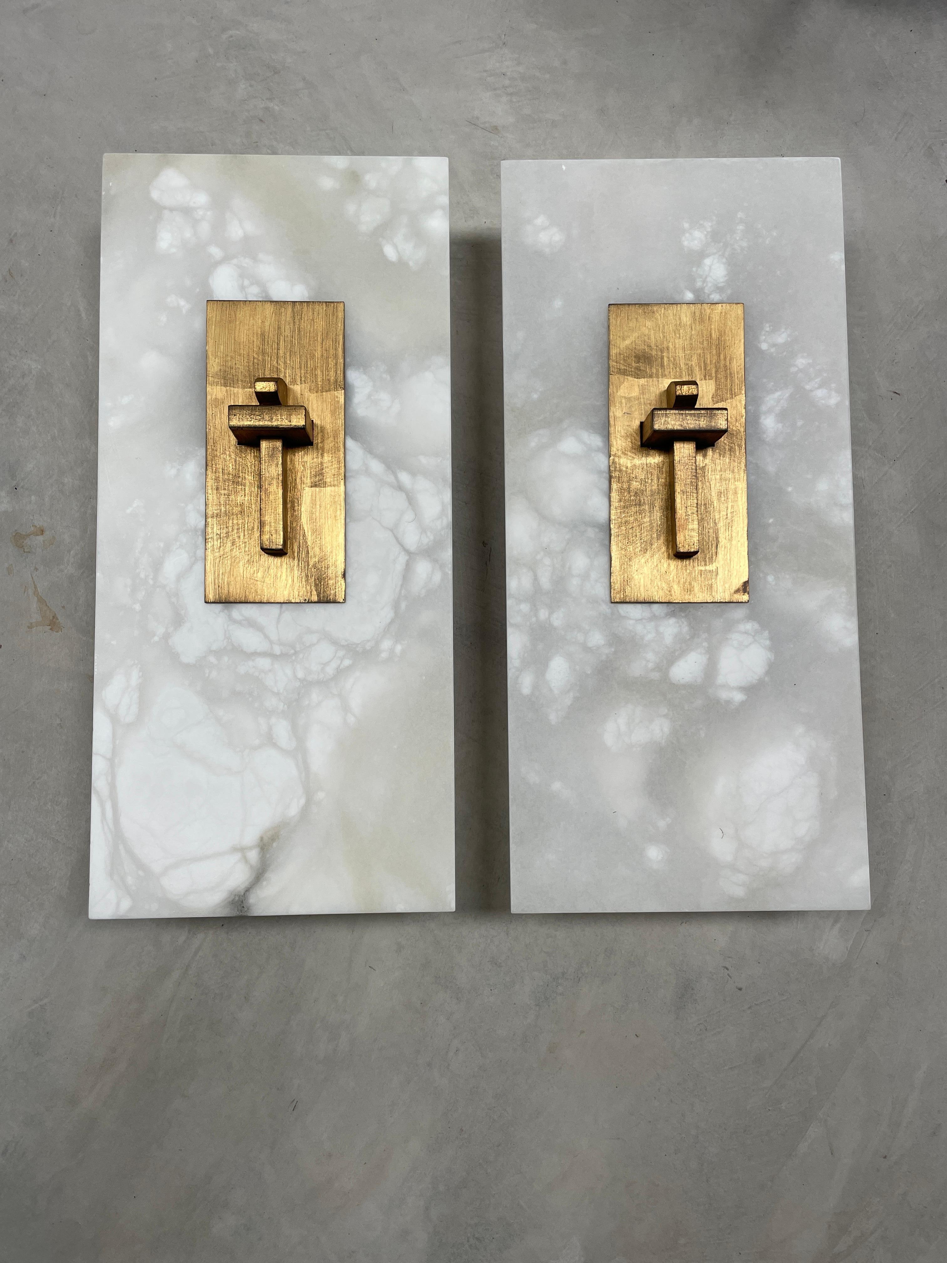 Modern Marble Metal Wall Sconce Light Contemporary Pair Brushed Gold  For Sale