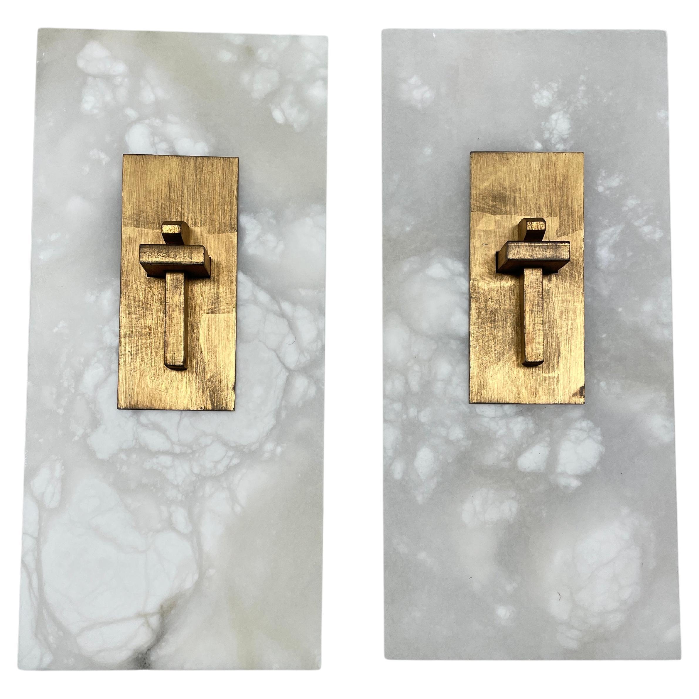 Marble Metal Wall Sconce Light Contemporary Pair Brushed Gold  For Sale