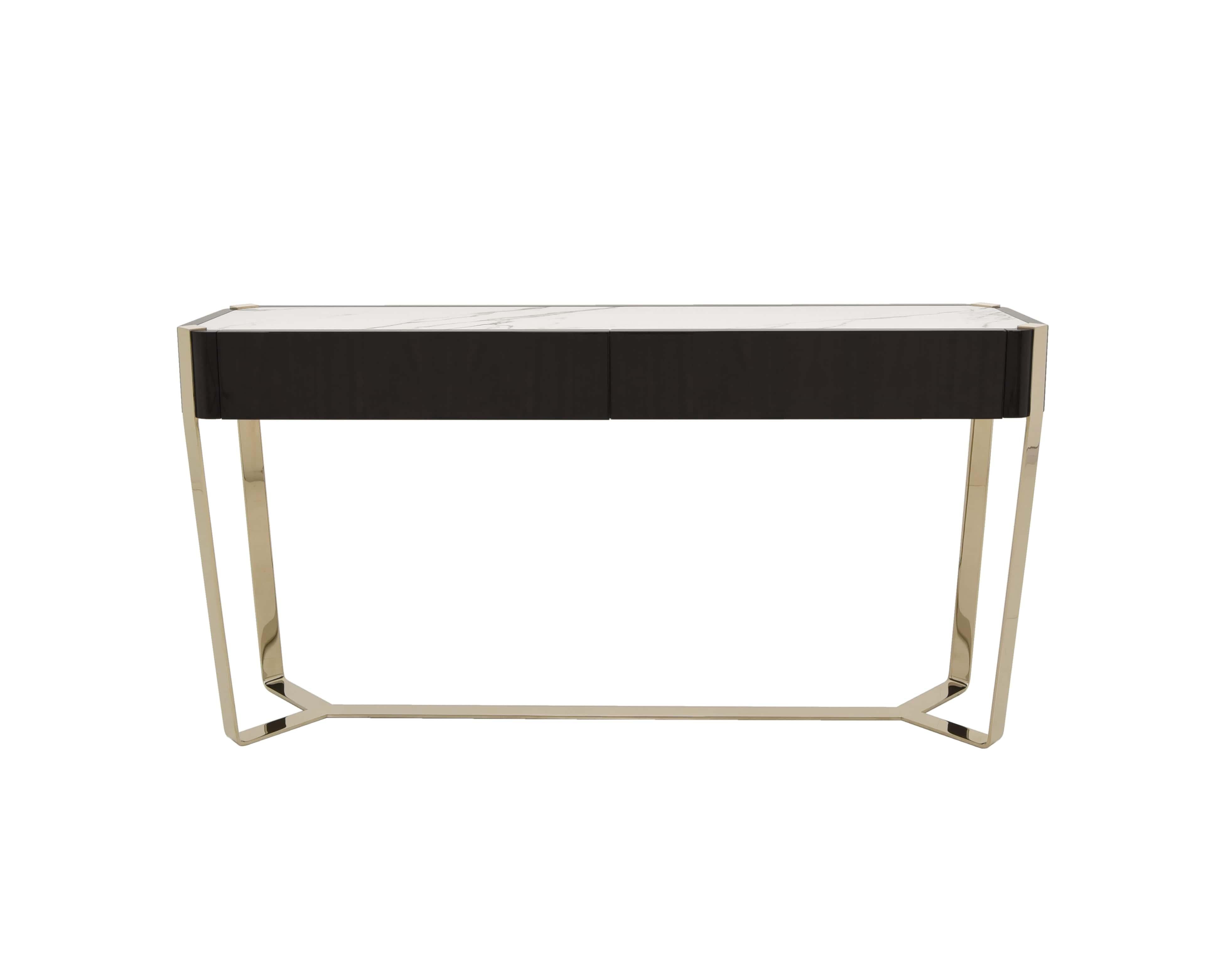 Sleek and sophisticated, this modern console table features a luxurious marble top paired with a rich dark wood finish. The minimalist design is elevated by gold-finish metal legs, creating a striking balance of elegance and contemporary style.