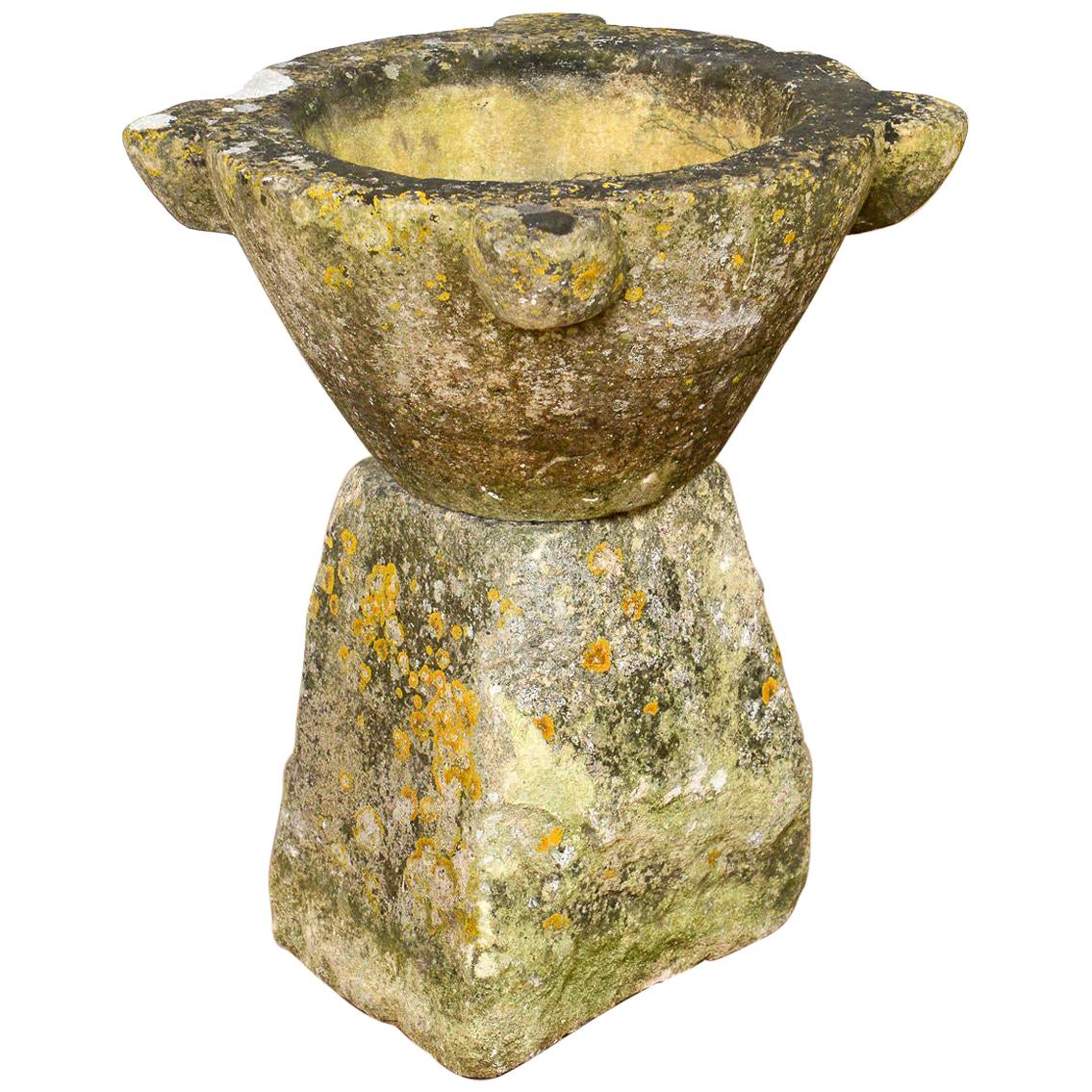 Marble Mortar on Early Stone Plinth, 18th Century For Sale