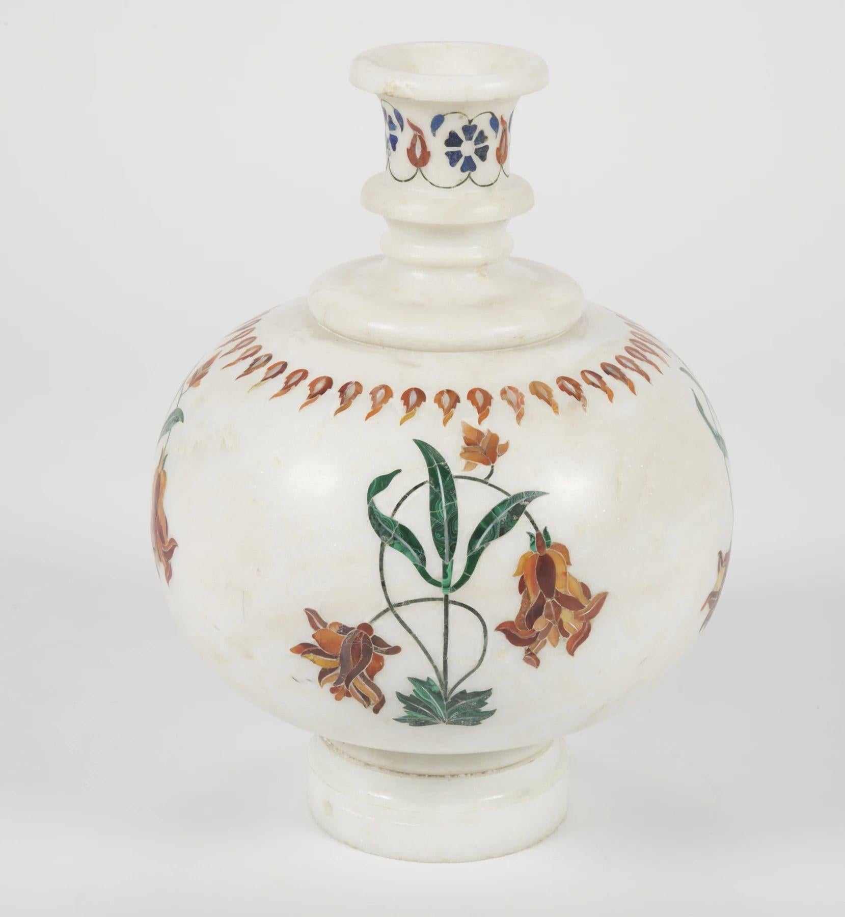 Hand-Carved Mughal Style Marble Vase Inlay in White Marble by Stephanie Odegard For Sale