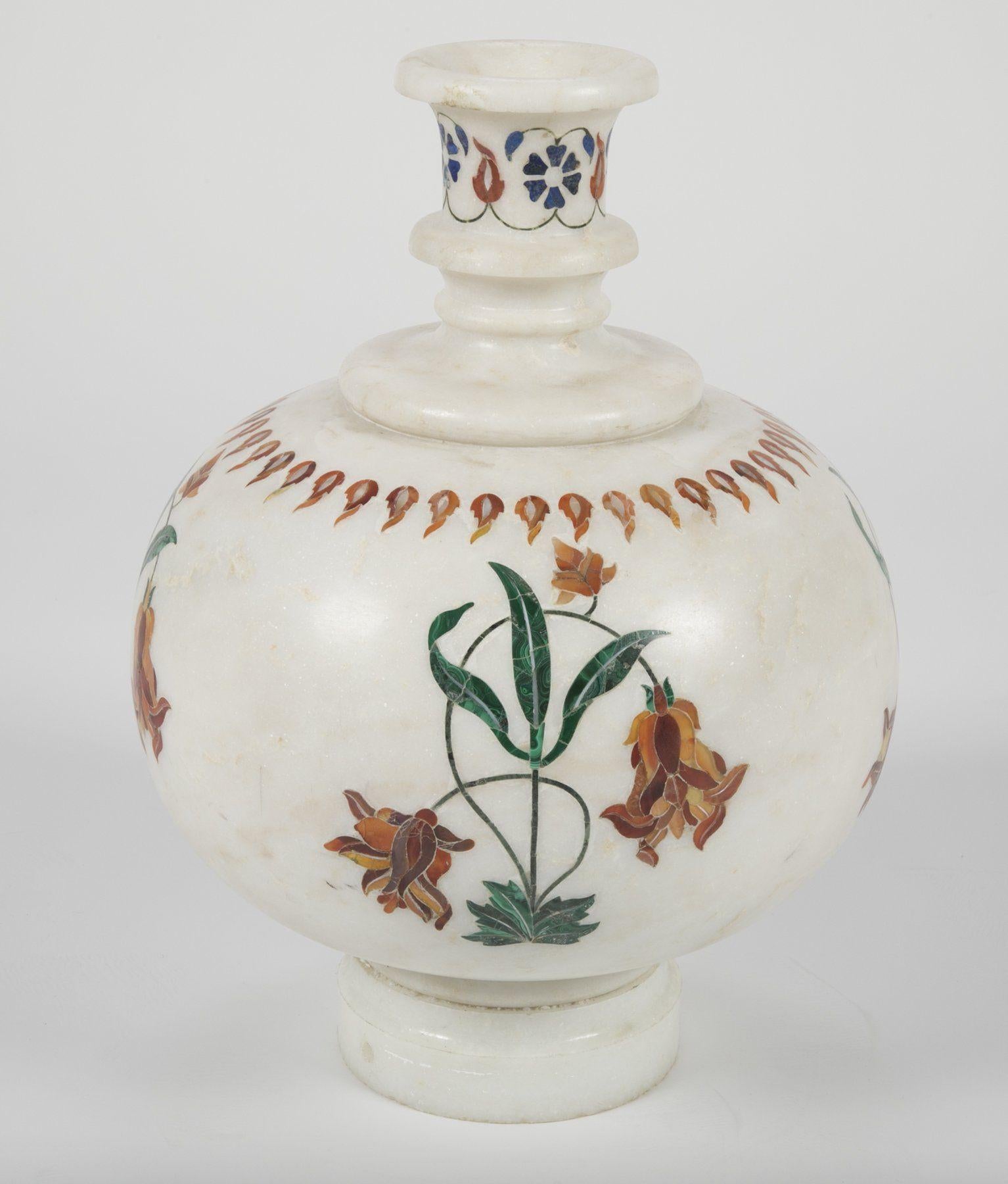 Mughal Style Marble Vase Inlay in White Marble by Stephanie Odegard In New Condition For Sale In New York, NY