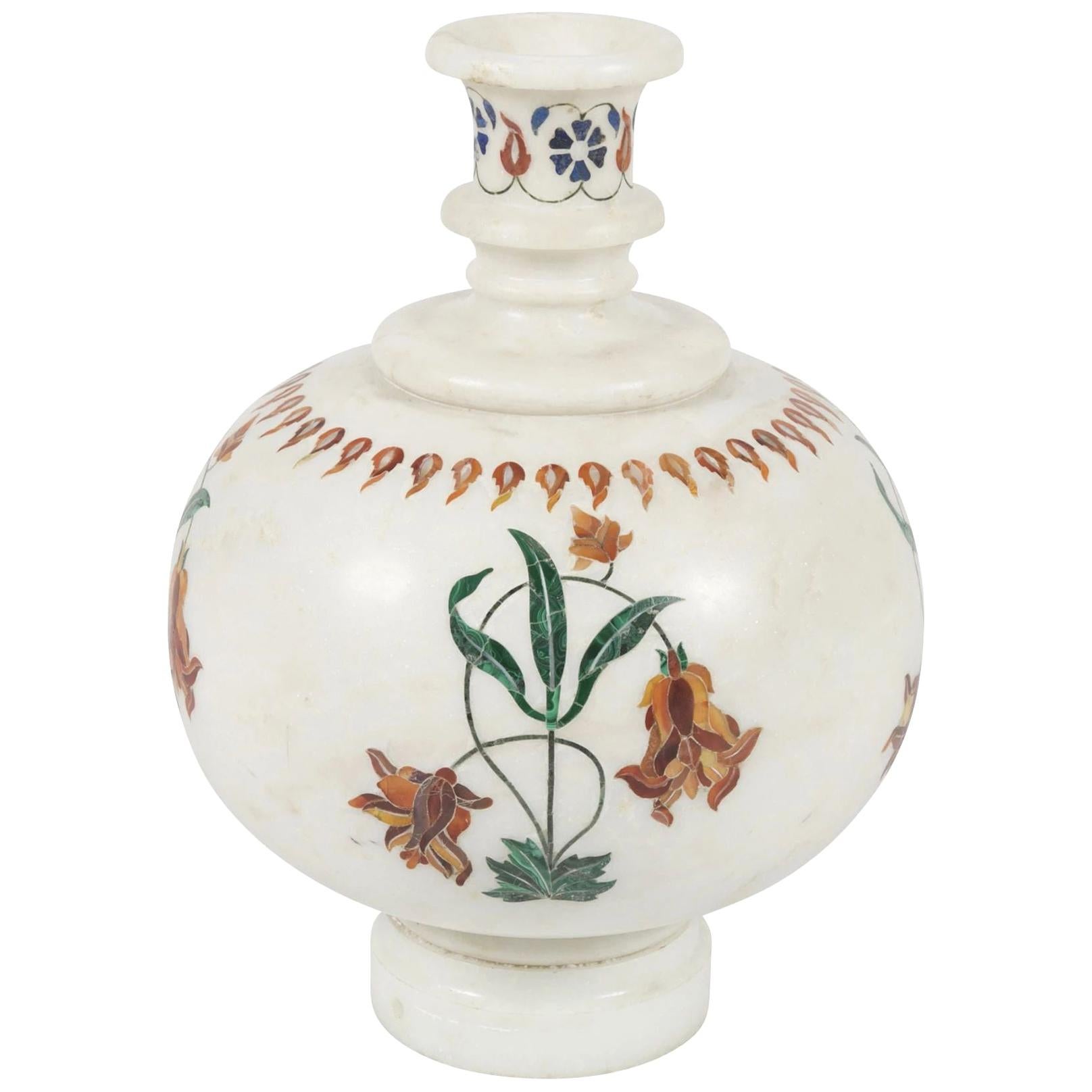 Mughal Style Marble Vase Inlay in White Marble by Stephanie Odegard For Sale