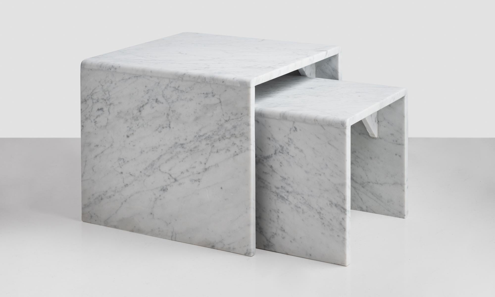 Marble nesting tables, Italy, circa 1960.

Elegant geometric forms in beautifully patinated marble.

Measures: 19.75