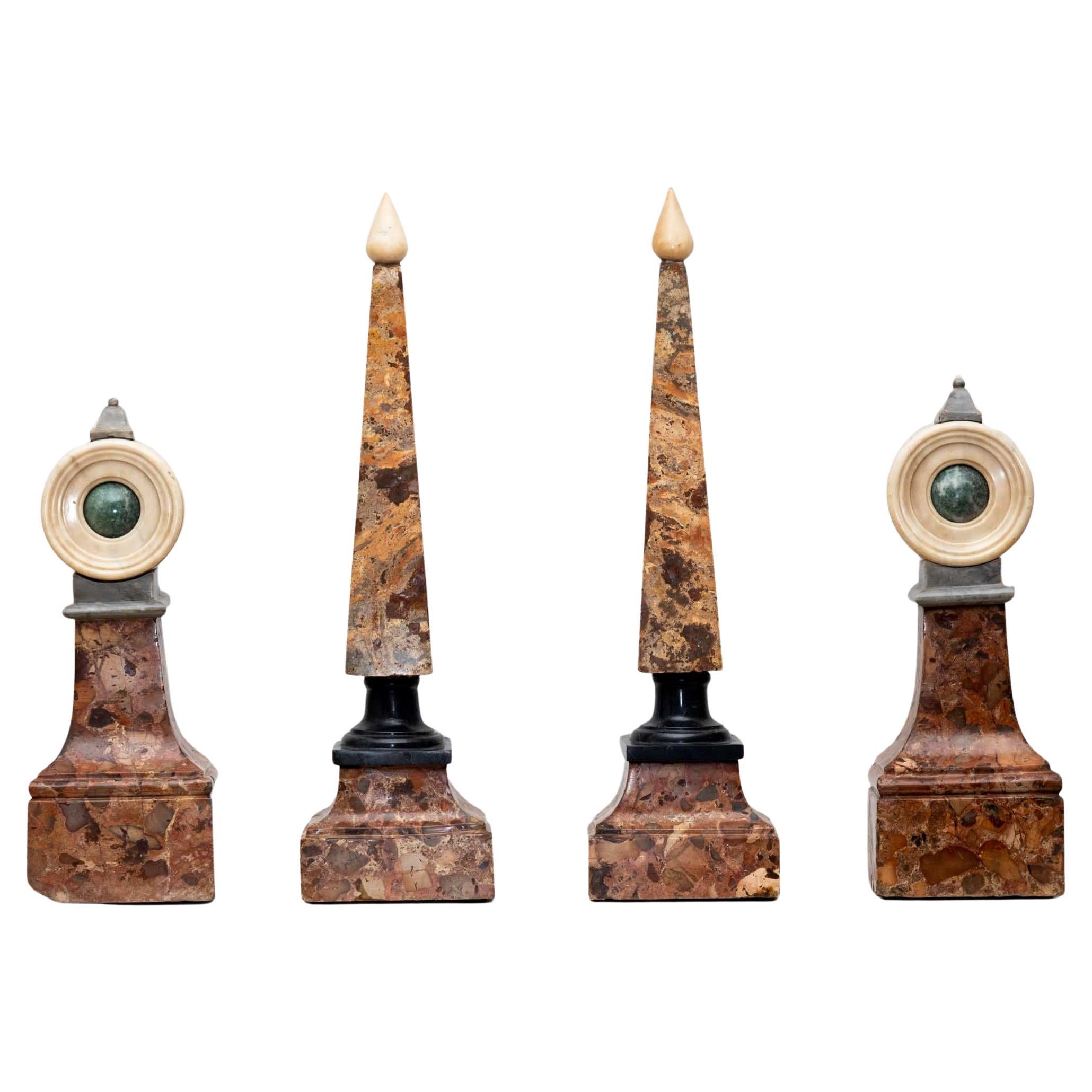 Set of four Red Marble Obelisks and Ornaments, 19th century For Sale