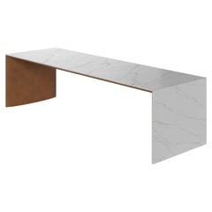 Outdoor Dining Table In Carrara Marble  With Outdoor Leather Upholstery
