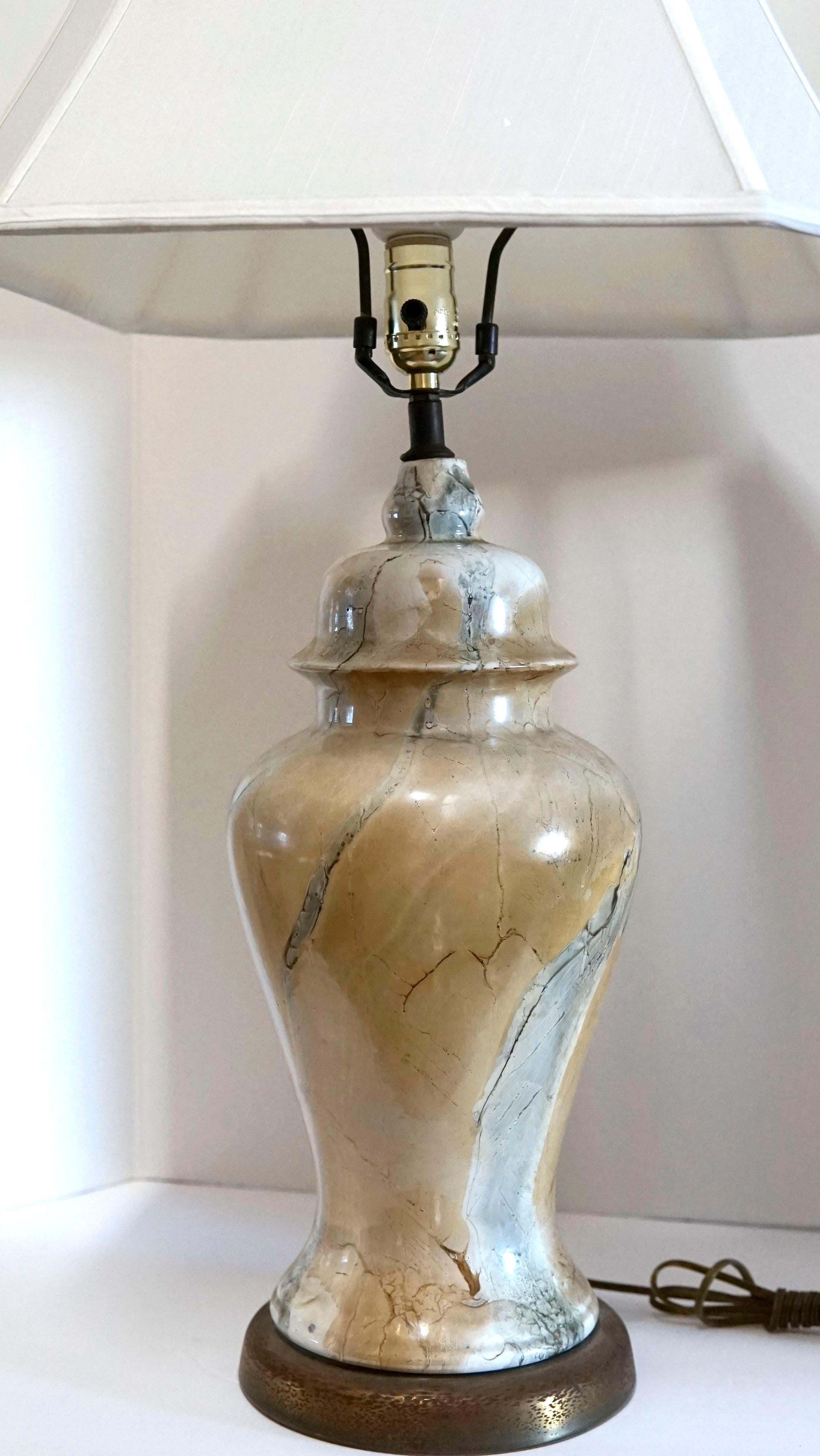 Chinoiserie Marble Pattern Glass Vintage Ginger Jar Shaped Table Lamp For Sale